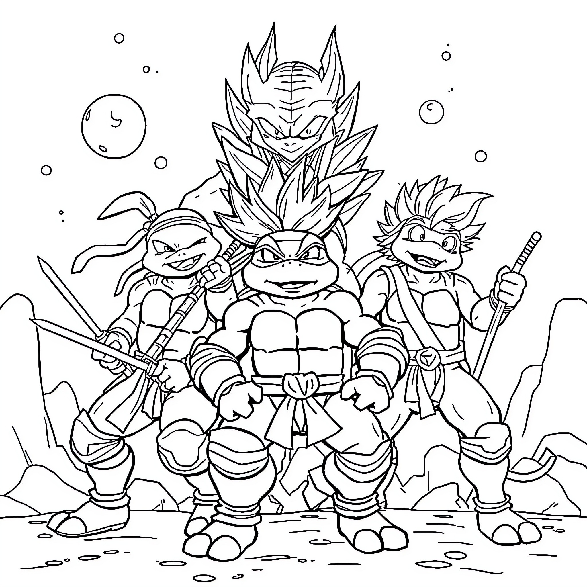 Dragon Ninjas Wielding Weapons in Battle Coloring Page (free black-and-white line drawing printable PDF for all, from beginners to advanced learners, including children, teens, adults, and seniors)