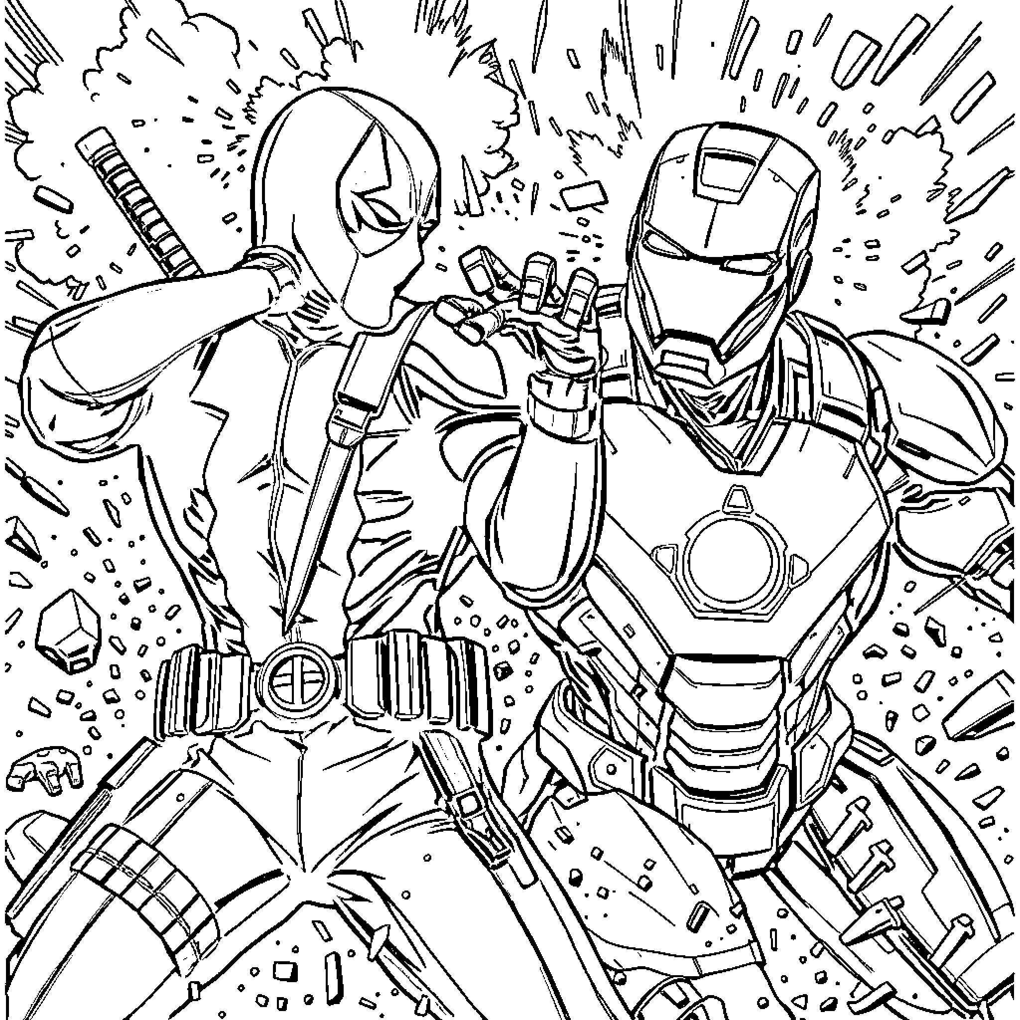 Deadpool engaging in explosive combat with Iron Man Coloring Page (free black-and-white line drawing printable PDF for all, from beginners to advanced learners, including children, teens, adults, and seniors)