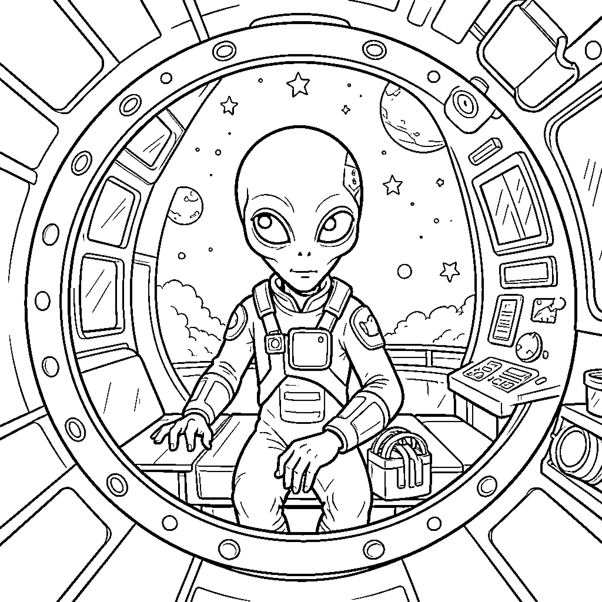 Alien Exploring a Futuristic Space Station Coloring Page (free black-and-white line drawing printable PDF for all, from beginners to advanced learners, including children, teens, adults, and seniors)