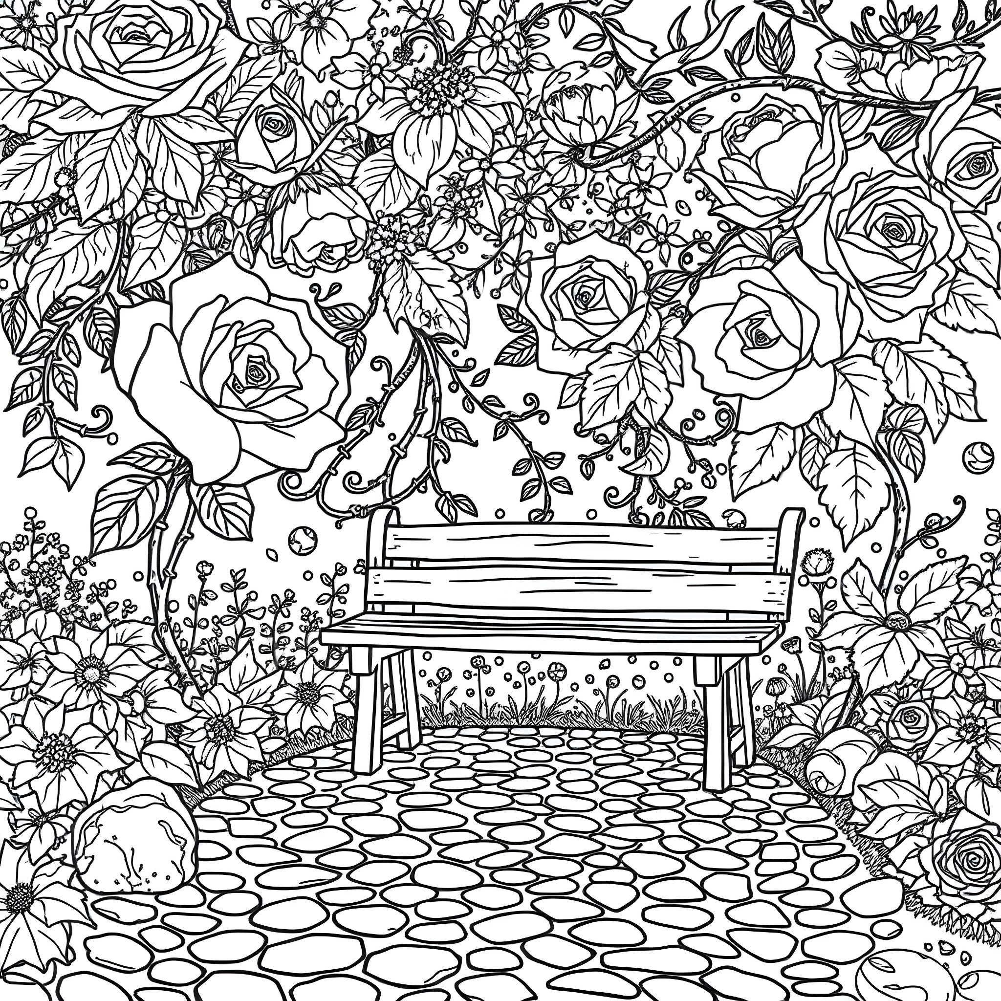 Rose Garden Bench in Bloom Coloring Page (free black-and-white line drawing printable PDF for all, from beginners to advanced learners, including children, teens, adults, and seniors)