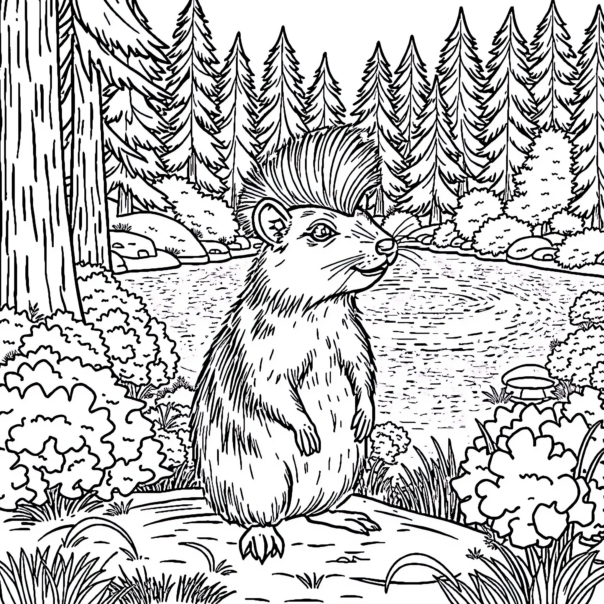 Shrew exploring the enchanted forest Coloring Page (free black-and-white line drawing printable PDF for all, from beginners to advanced learners, including children, teens, adults, and seniors)