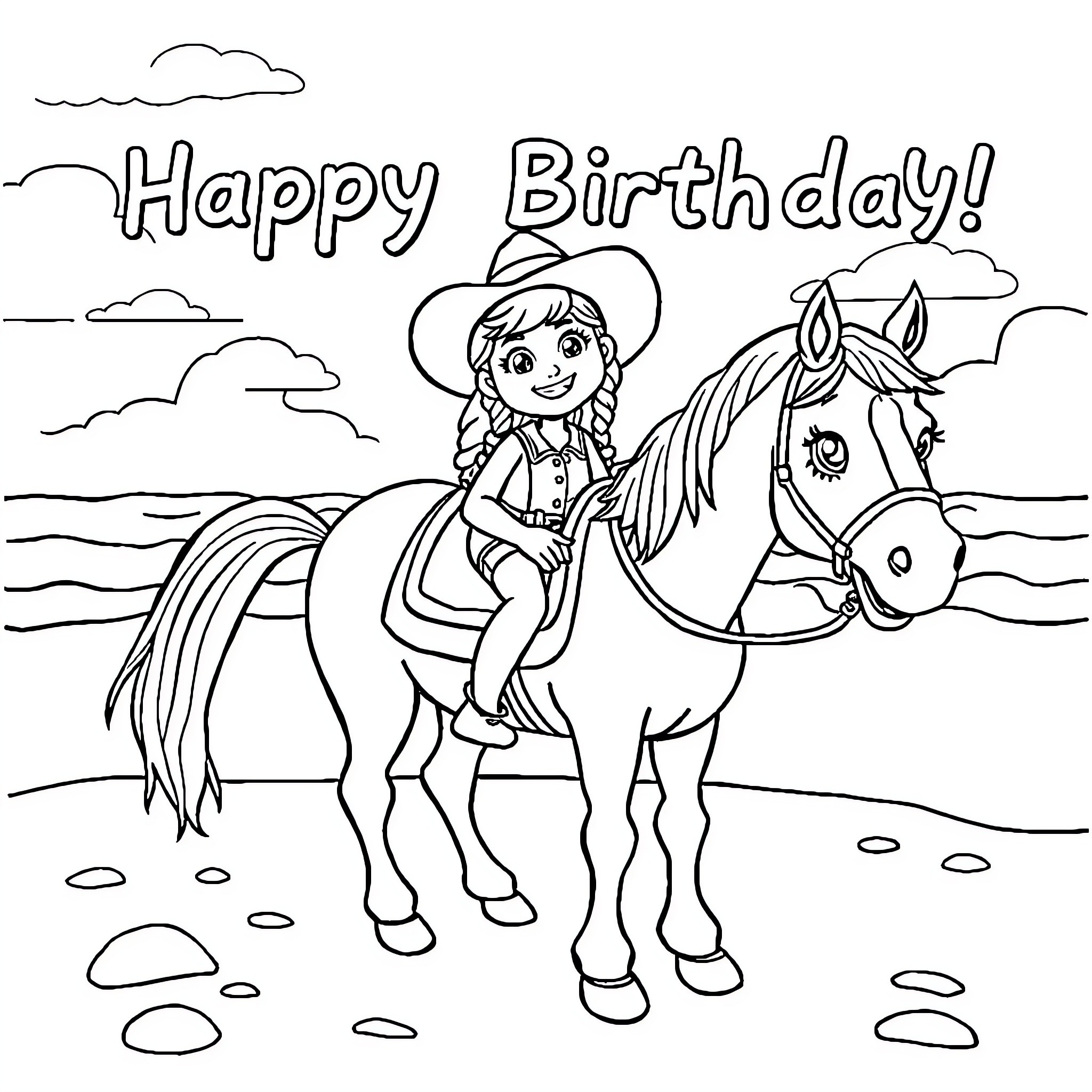 Cowgirl riding a horse on a ranch Coloring Page (free black-and-white line drawing printable PDF for all, from beginners to advanced learners, including children, teens, adults, and seniors)