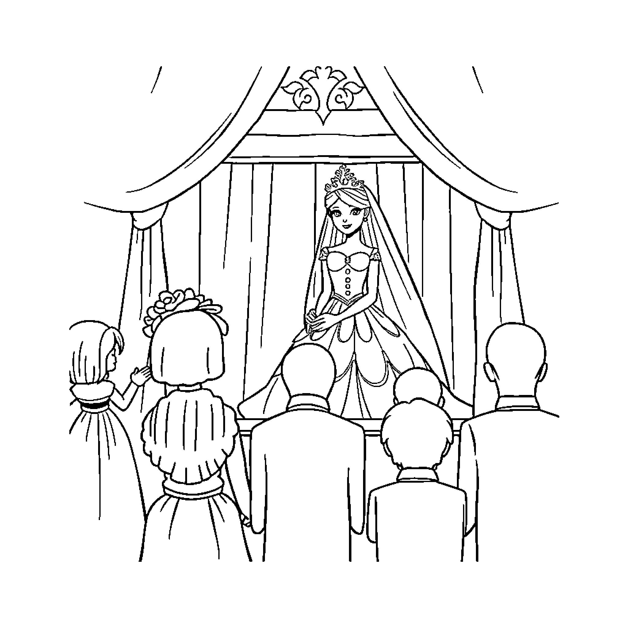 Princess Presiding Over a Royal Ceremony Coloring Page (free black-and-white line drawing printable PDF for all, from beginners to advanced learners, including children, teens, adults, and seniors)