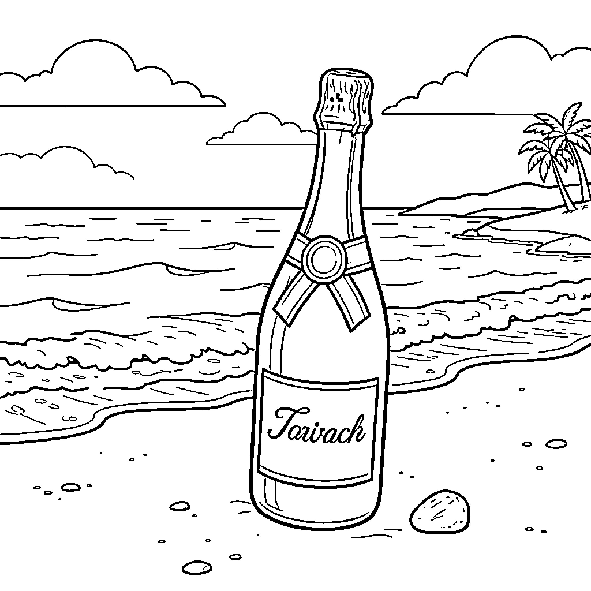 Champagne bottle sitting on a tropical beach Coloring Page (free black-and-white line drawing printable PDF for all, from beginners to advanced learners, including children, teens, adults, and seniors)
