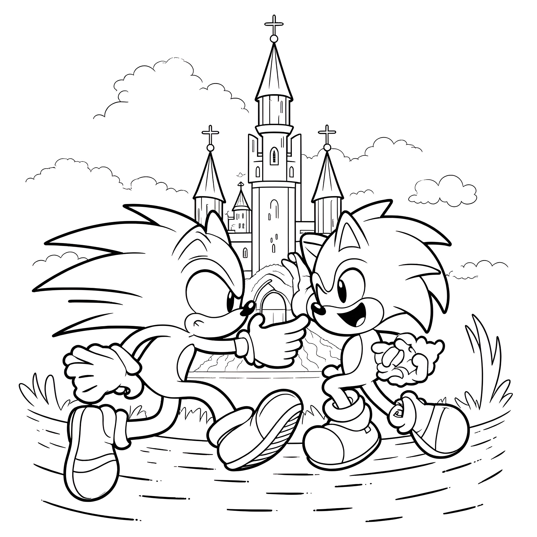 Sonic and Friends Exploring a Whimsical Castle Coloring Page (free black-and-white line drawing printable PDF for all, from beginners to advanced learners, including children, teens, adults, and seniors)