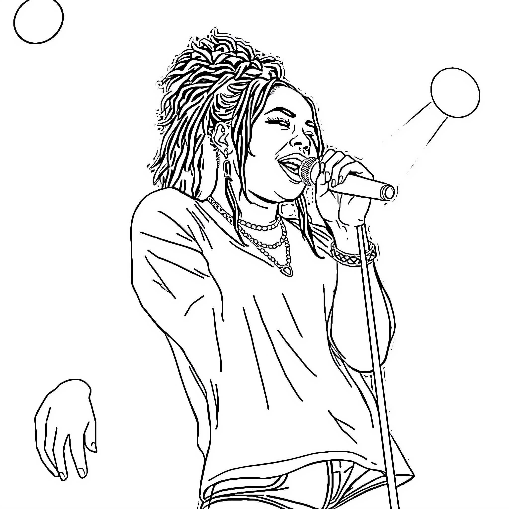 Kehlani singing passionately on stage Coloring Page (free black-and-white line drawing printable PDF for all, from beginners to advanced learners, including children, teens, adults, and seniors)
