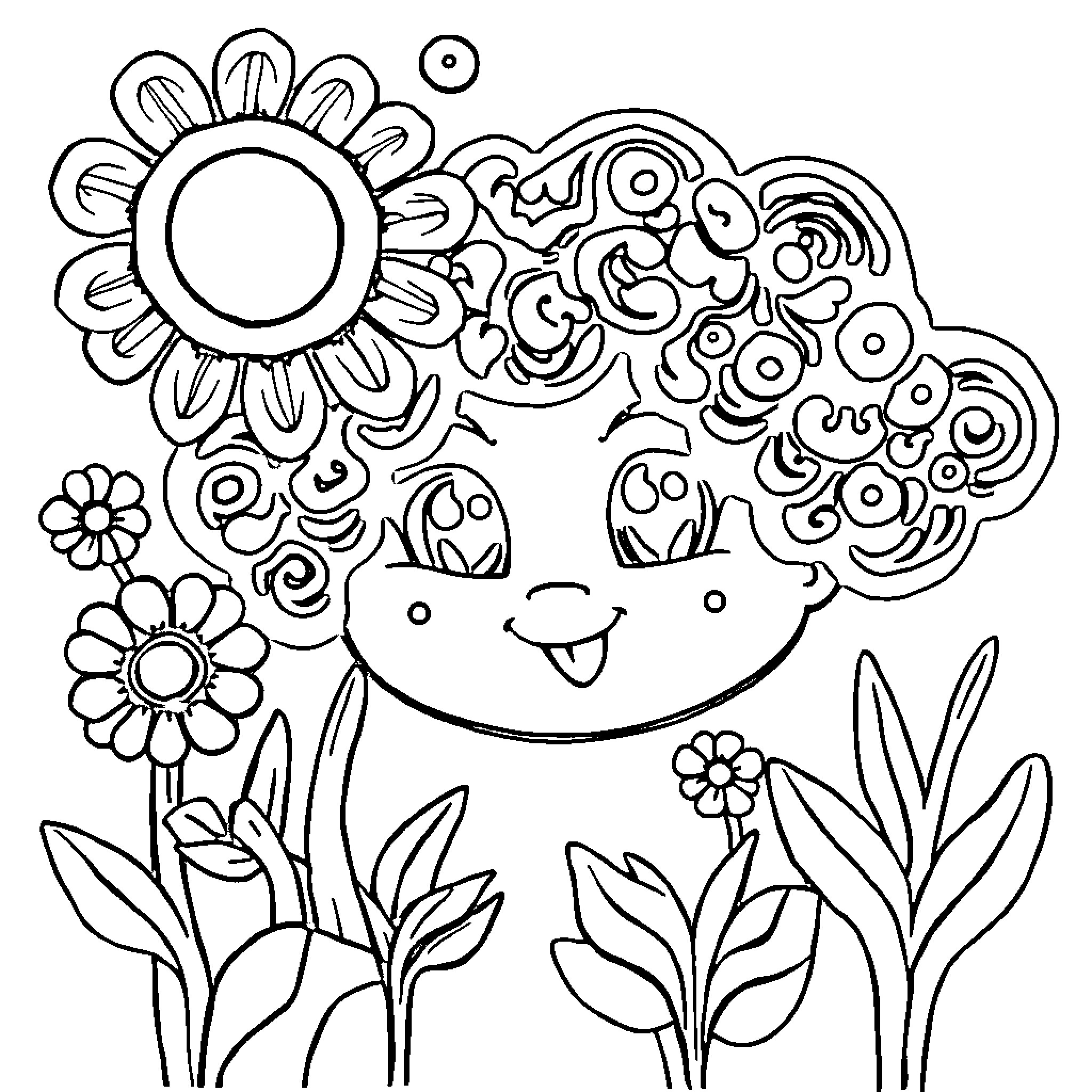 Cutouts of a Cheerful Flower Girl in a Lush Garden Coloring Page (free black-and-white line drawing printable PDF for all, from beginners to advanced learners, including children, teens, adults, and seniors)