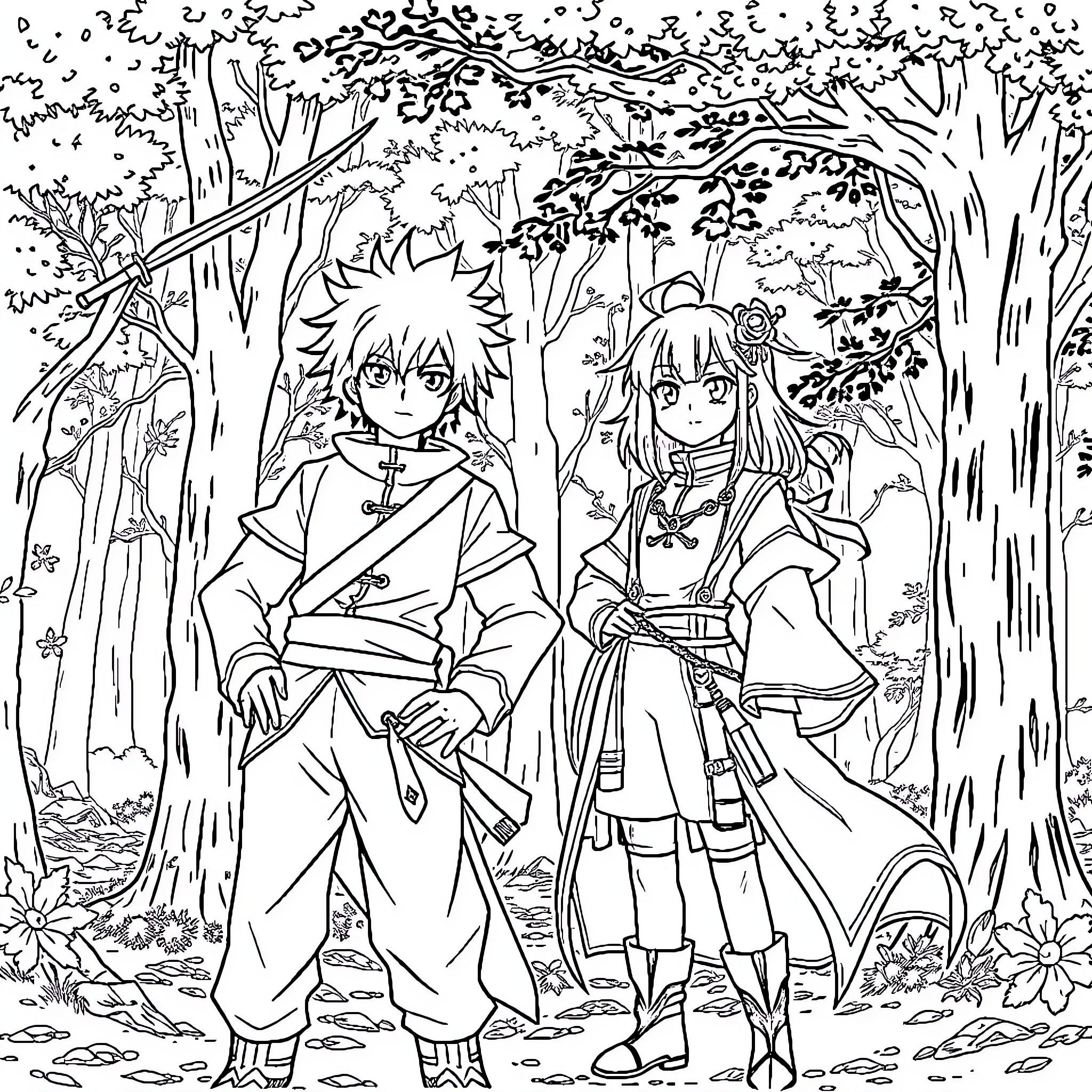 Tanjirou and Nezuko in the Enchanted Forest Coloring Page (free black-and-white line drawing printable PDF for all, from beginners to advanced learners, including children, teens, adults, and seniors)