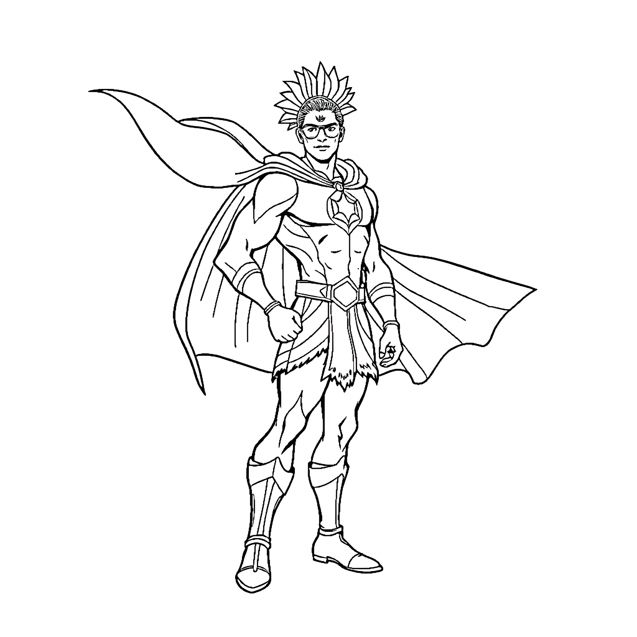 Superman in Tribal Warrior Outfit Coloring Page (free black-and-white line drawing printable PDF for all, from beginners to advanced learners, including children, teens, adults, and seniors)
