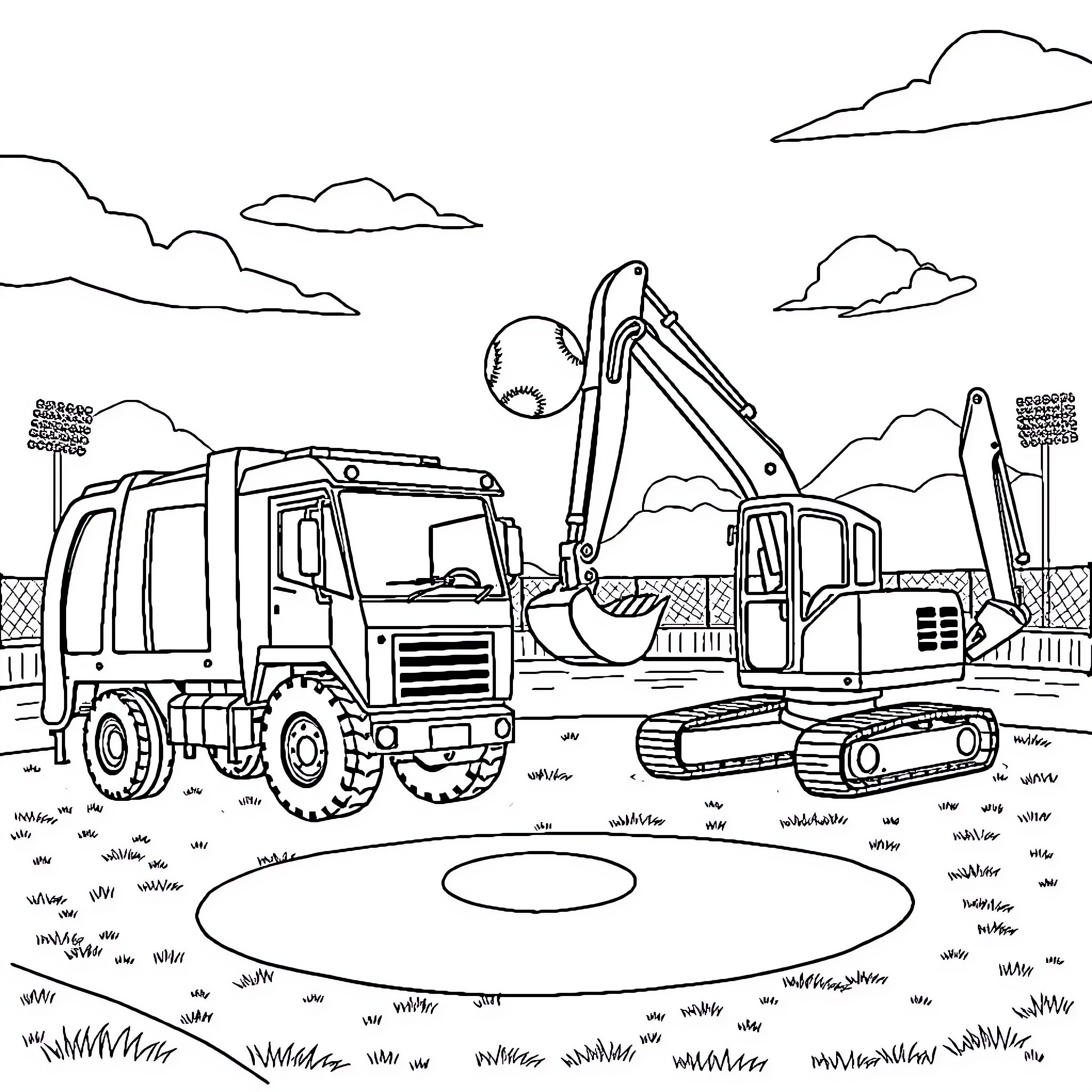 Truck transporting construction equipment on site Coloring Page (free black-and-white line drawing printable PDF for all, from beginners to advanced learners, including children, teens, adults, and seniors)