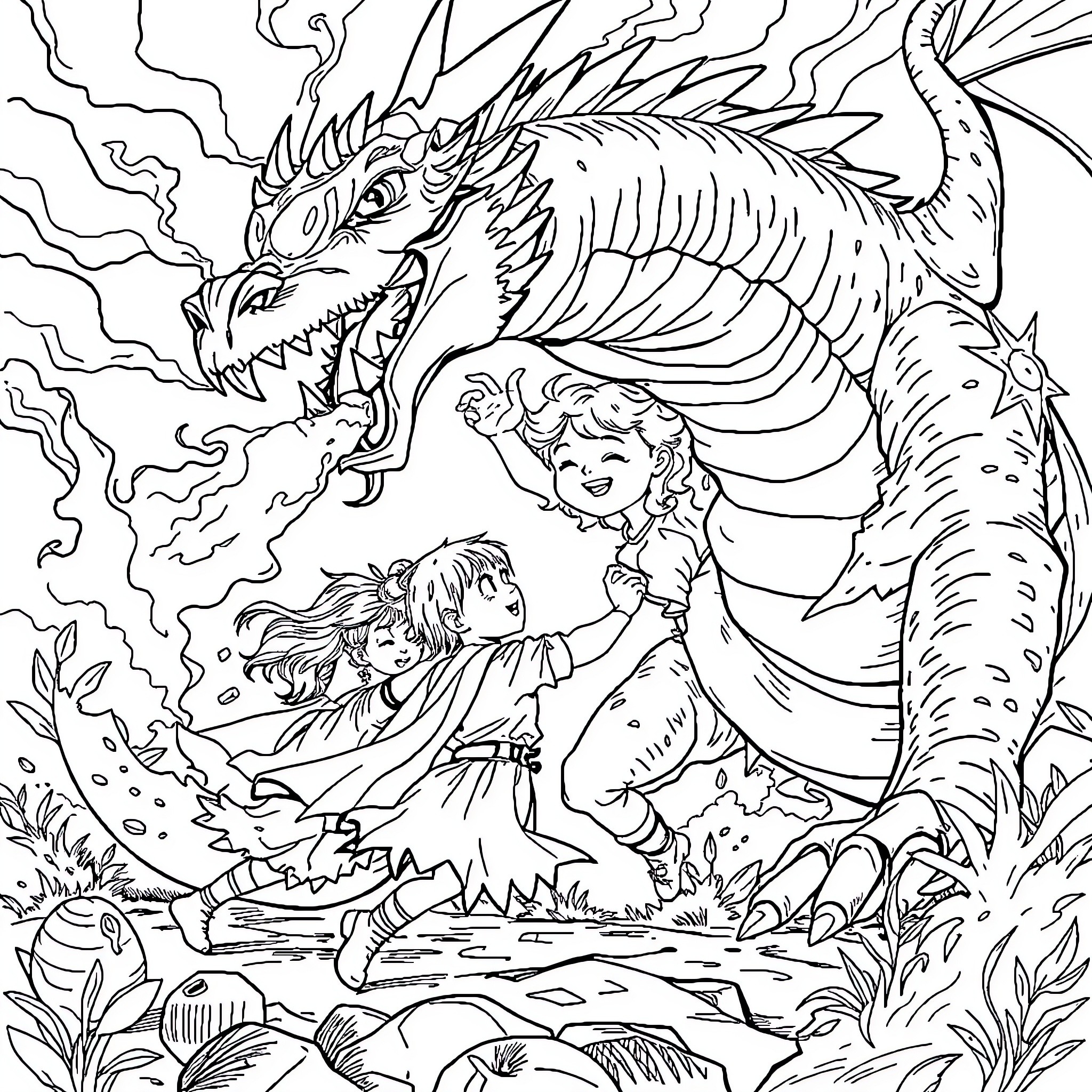 Kid warriors facing a fierce dragon in the wilderness Coloring Page (free black-and-white line drawing printable PDF for all, from beginners to advanced learners, including children, teens, adults, and seniors)