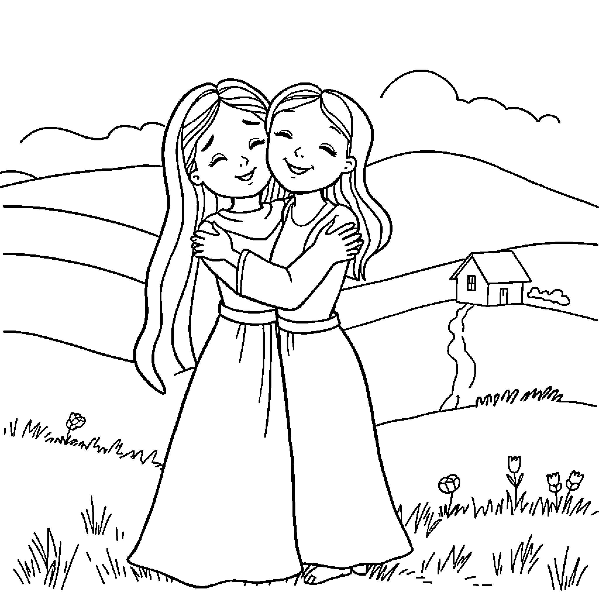 Mary and her friend embrace joyfully in the countryside Coloring Page (free black-and-white line drawing printable PDF for all, from beginners to advanced learners, including children, teens, adults, and seniors)