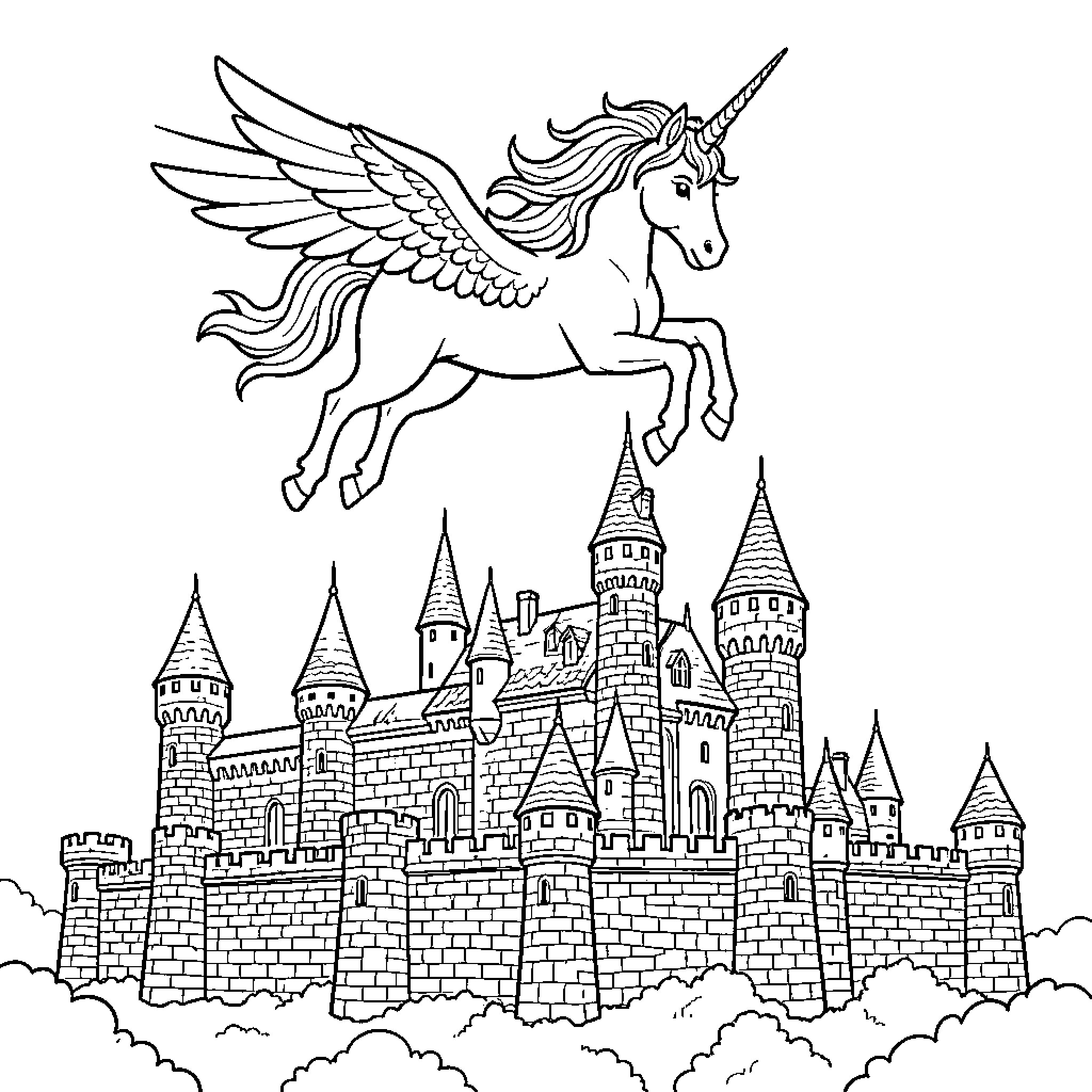 Unicorn flying gracefully over a majestic fantasy castle Coloring Page (free black-and-white line drawing printable PDF for all, from beginners to advanced learners, including children, teens, adults, and seniors)
