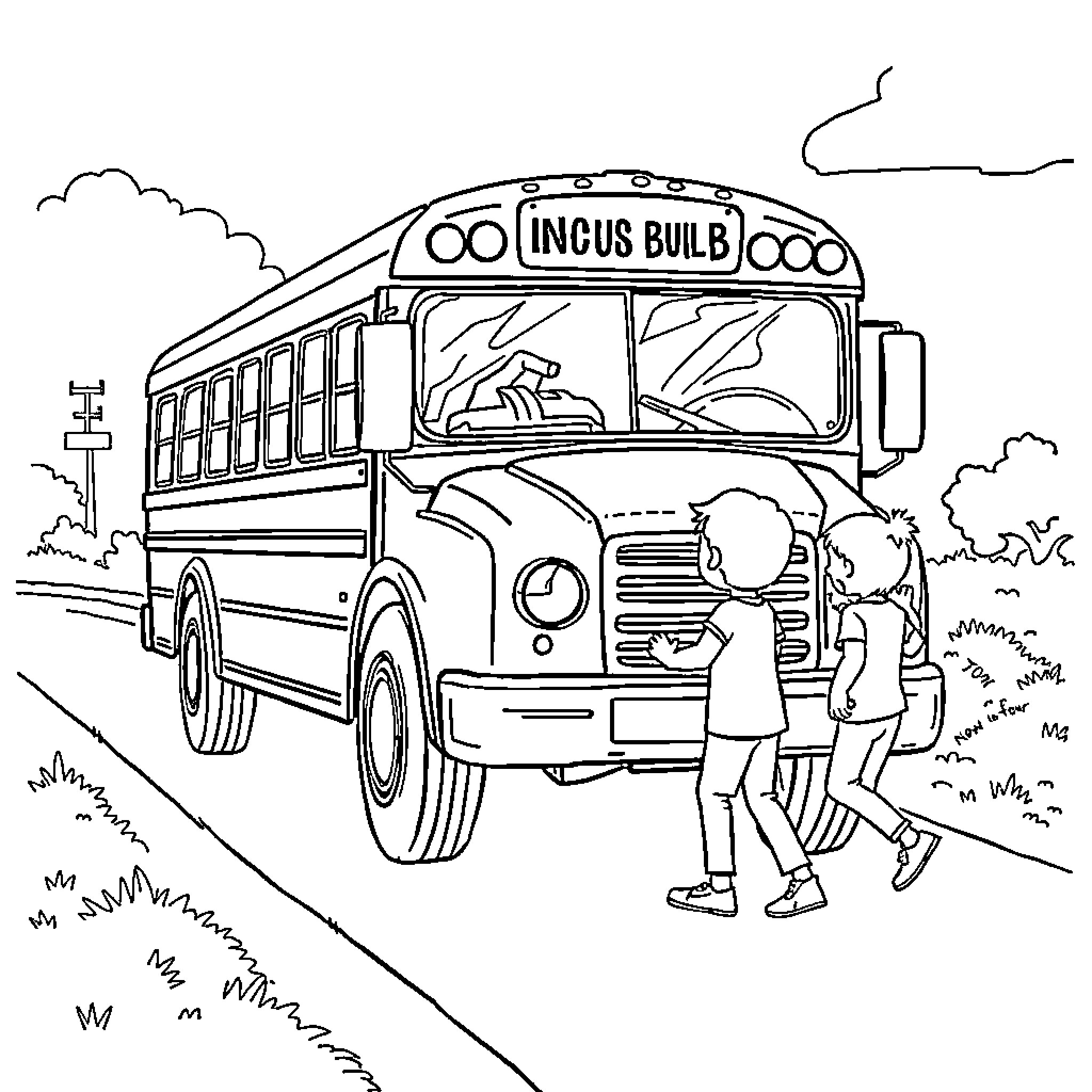 Bus transporting students on a field trip Coloring Page (free black-and-white line drawing printable PDF for all, from beginners to advanced learners, including children, teens, adults, and seniors)