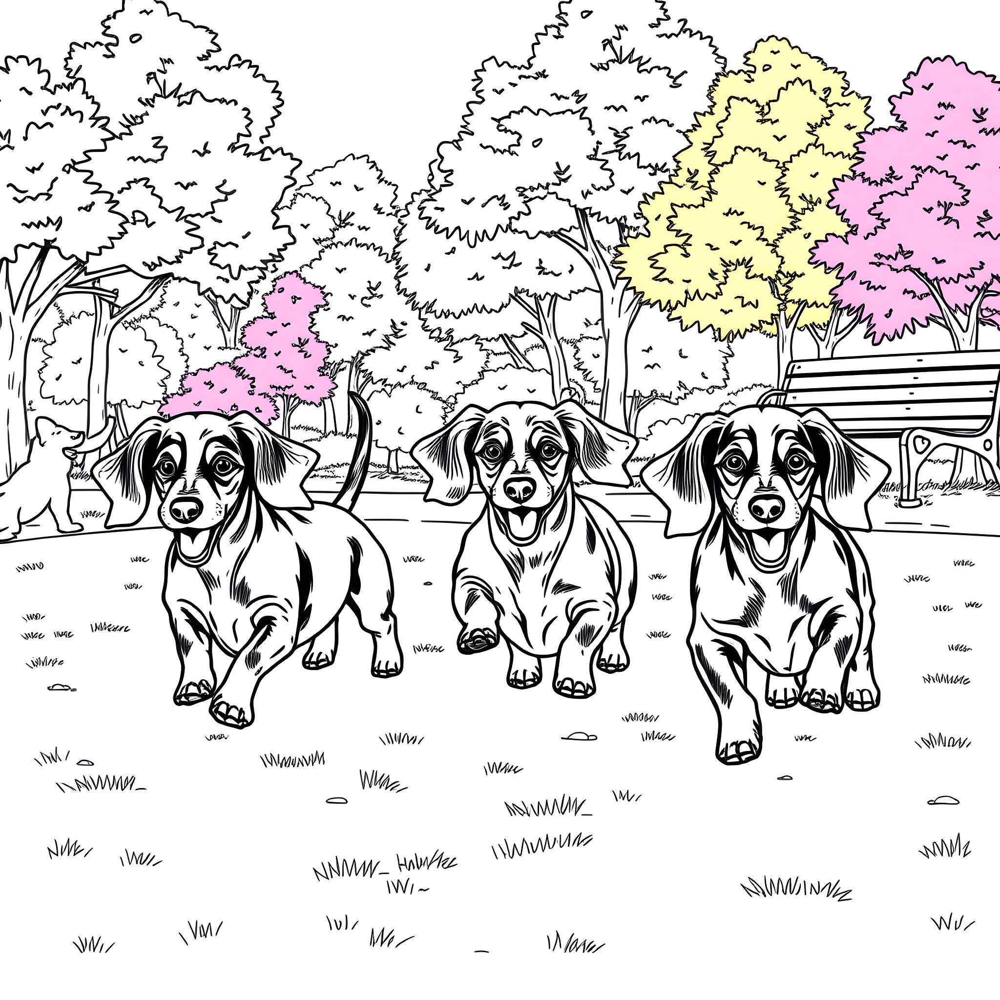 Dachshund Pups Happily Frolicking in the Park Coloring Page (free black-and-white line drawing printable PDF for all, from beginners to advanced learners, including children, teens, adults, and seniors)