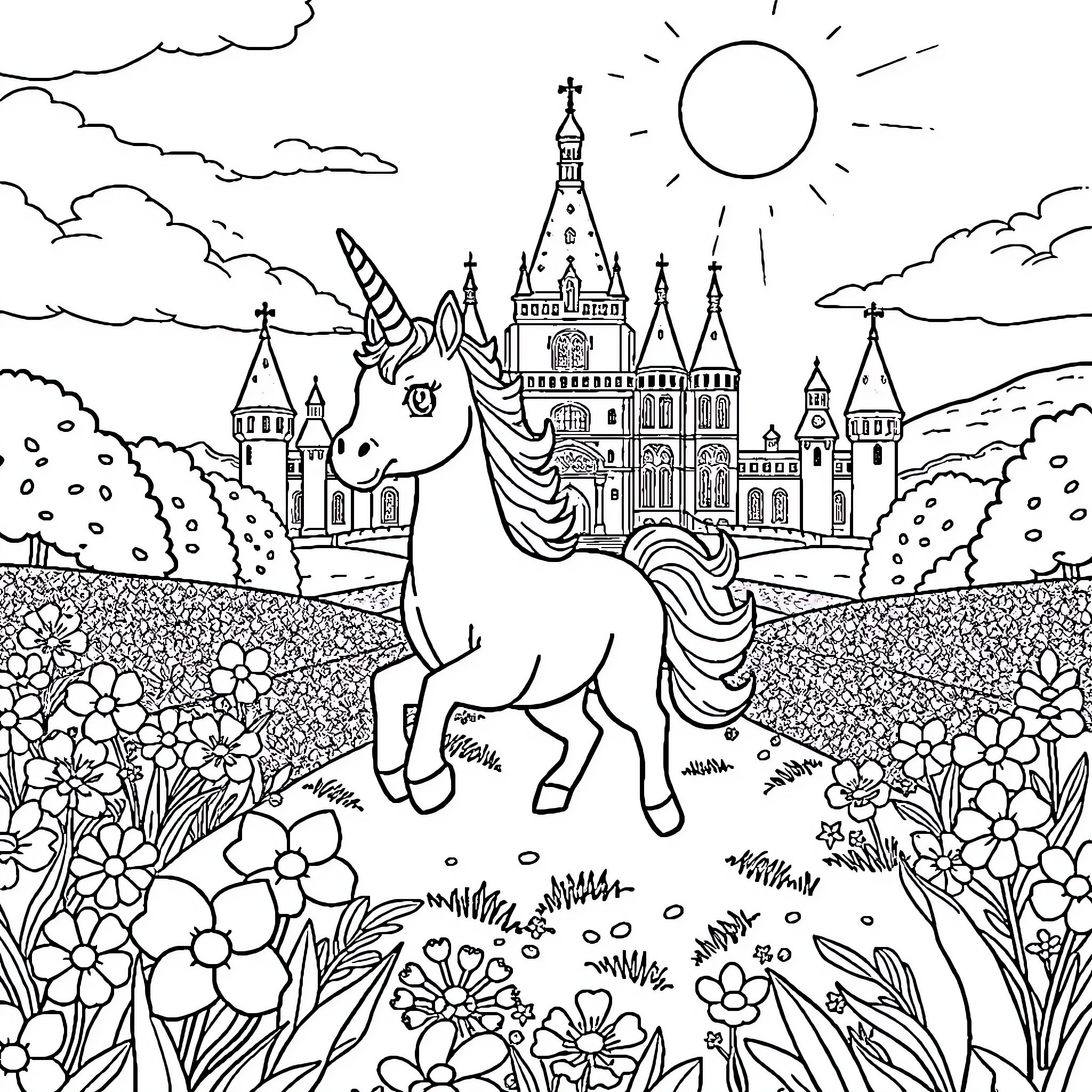 Licorne in a Magical Castle Garden Coloring Page (free black-and-white line drawing printable PDF for all, from beginners to advanced learners, including children, teens, adults, and seniors)