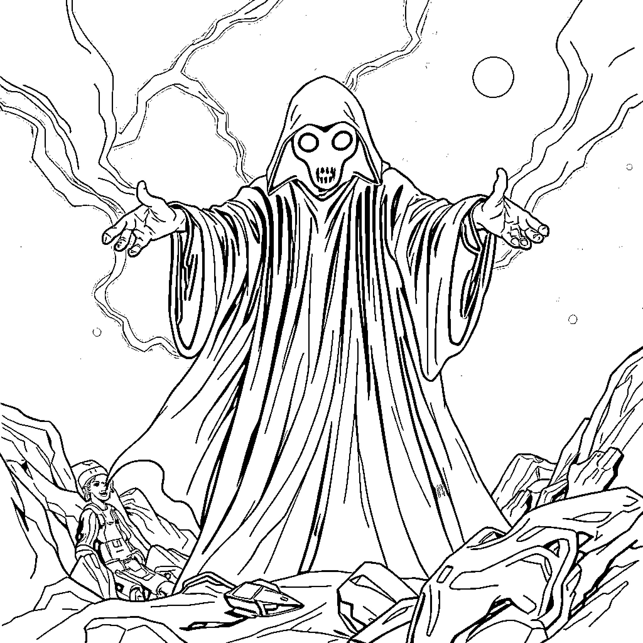 Ghost of Darkness Looming Over Desolate Landscape Coloring Page (free black-and-white line drawing printable PDF for all, from beginners to advanced learners, including children, teens, adults, and seniors)