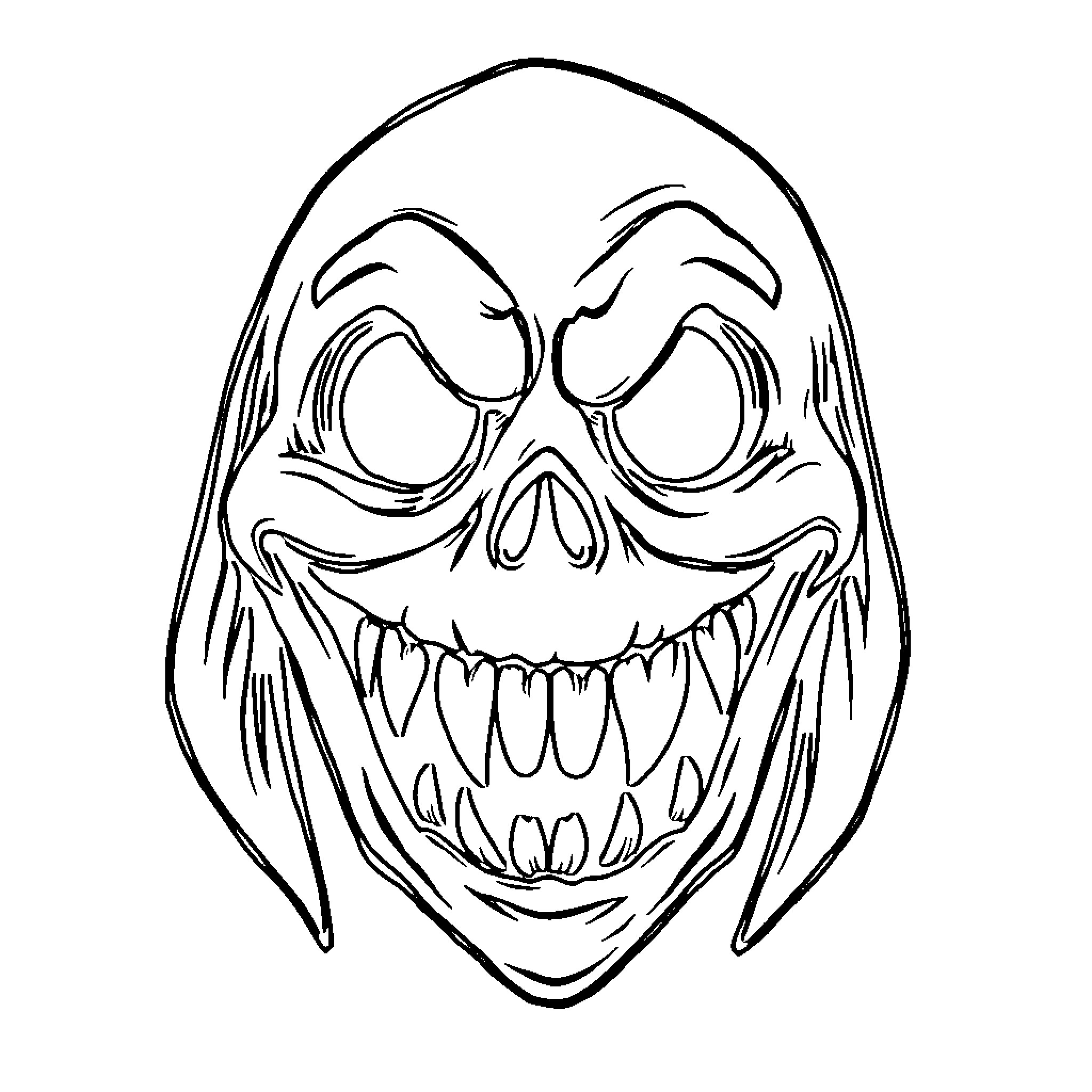 Ghost with Frightening Facial Expression Coloring Page (free black-and-white line drawing printable PDF for all, from beginners to advanced learners, including children, teens, adults, and seniors)