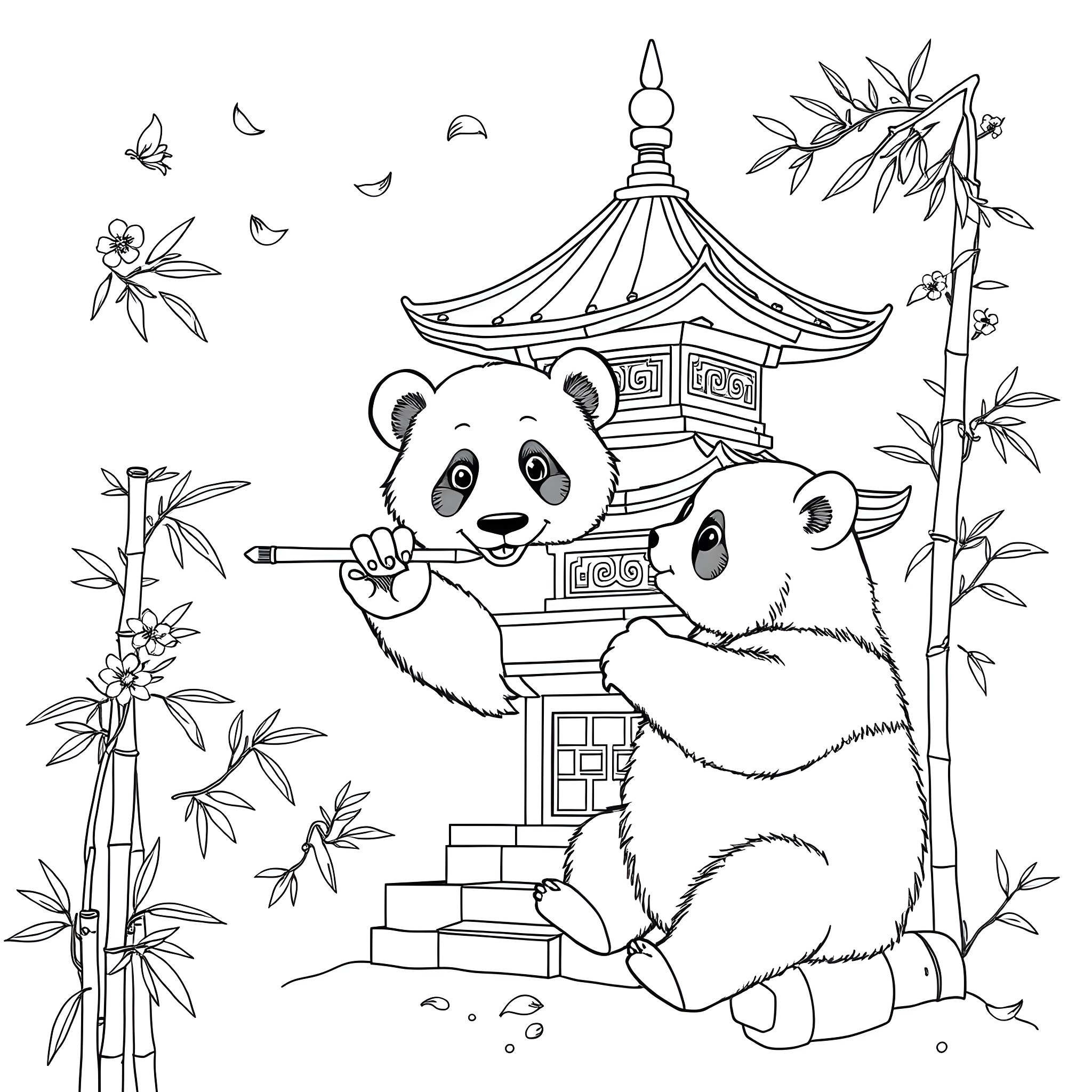 Panda playing happily near pagoda in bamboo forest Coloring Page (free black-and-white line drawing printable PDF for all, from beginners to advanced learners, including children, teens, adults, and seniors)