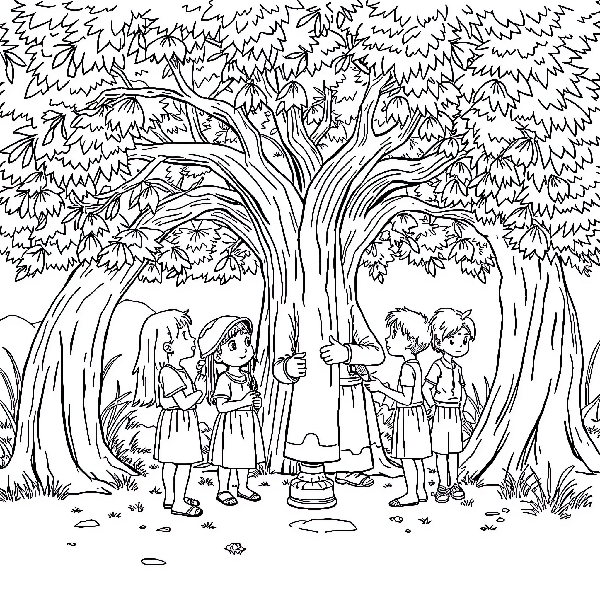 Enfant Exploring the Enchanted Forest Coloring Page (free black-and-white line drawing printable PDF for all, from beginners to advanced learners, including children, teens, adults, and seniors)