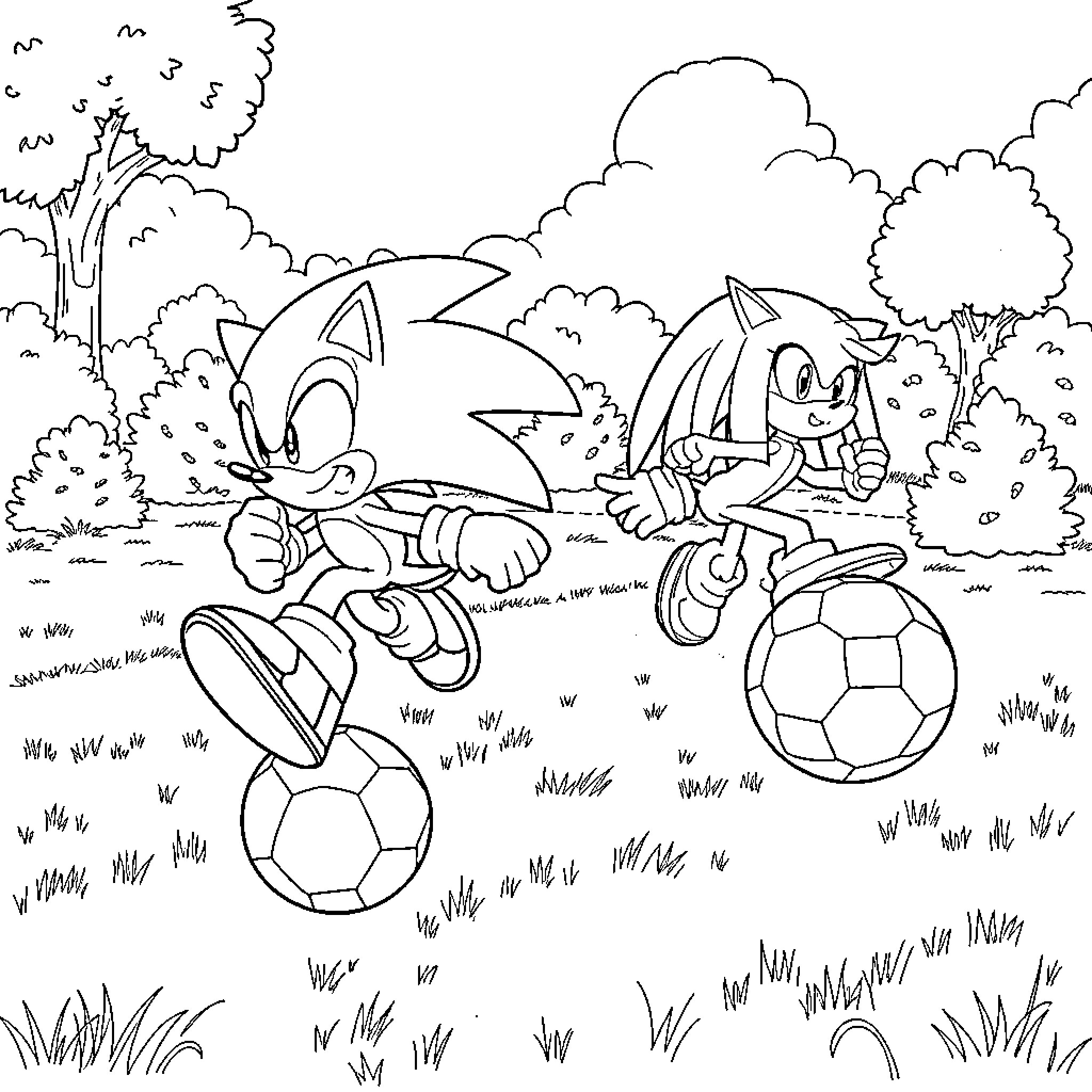 Sonic characters playing joyfully with soccer balls in a nature setting Coloring Page (free black-and-white line drawing printable PDF for all, from beginners to advanced learners, including children, teens, adults, and seniors)