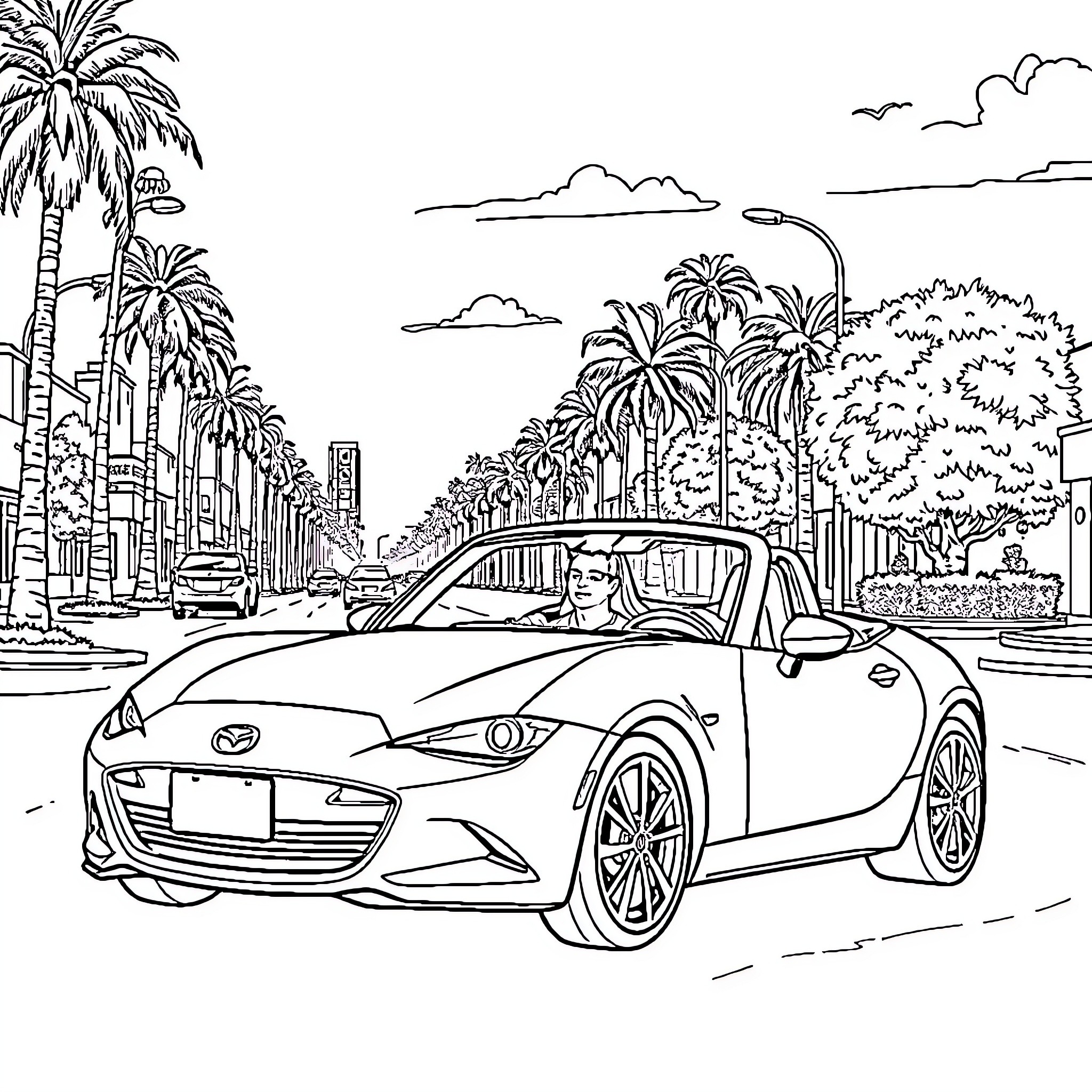 Mazda Miata driving along scenic coastal road Coloring Page (free black-and-white line drawing printable PDF for all, from beginners to advanced learners, including children, teens, adults, and seniors)