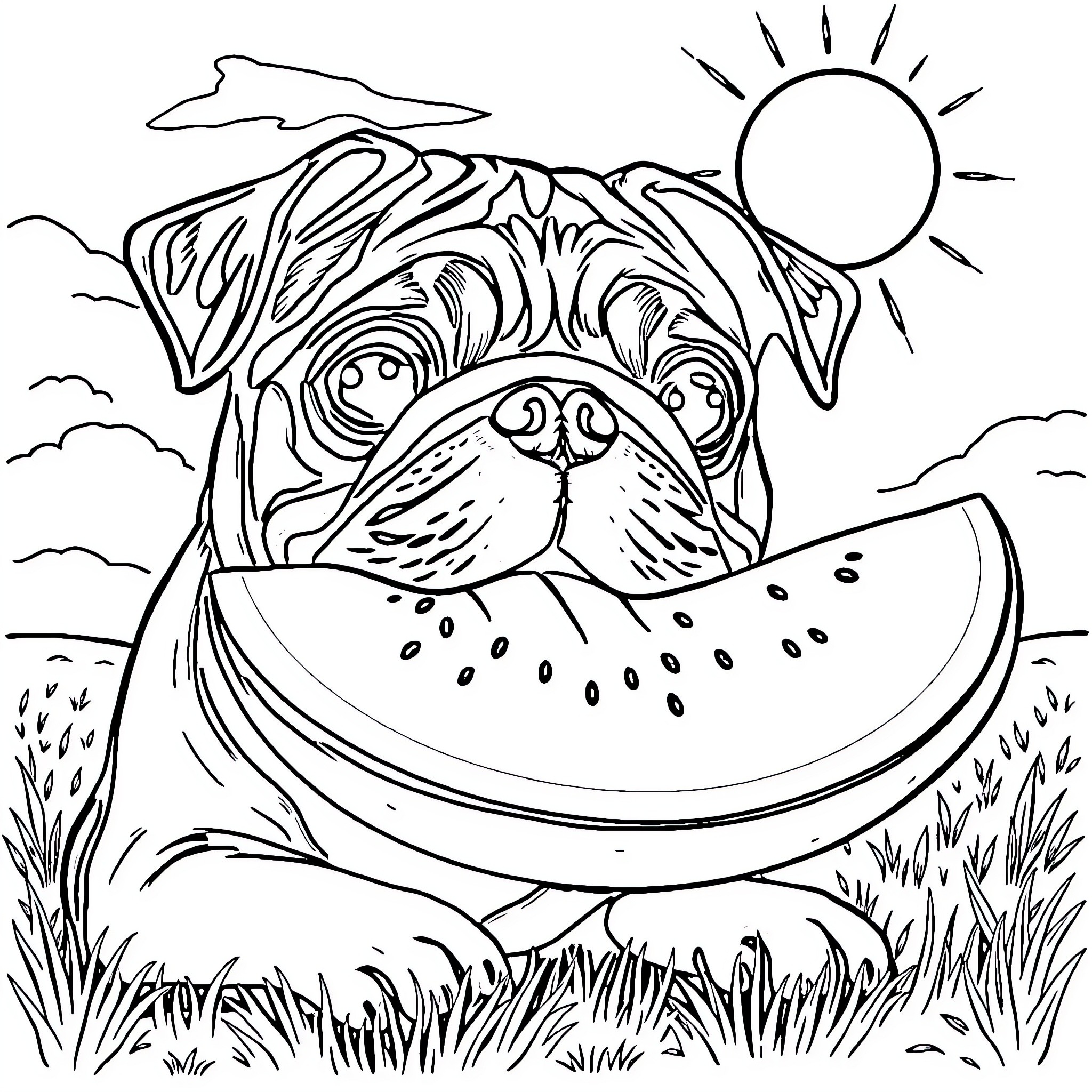 Pug enjoying watermelon in a sunny meadow Coloring Page (free black-and-white line drawing printable PDF for all, from beginners to advanced learners, including children, teens, adults, and seniors)