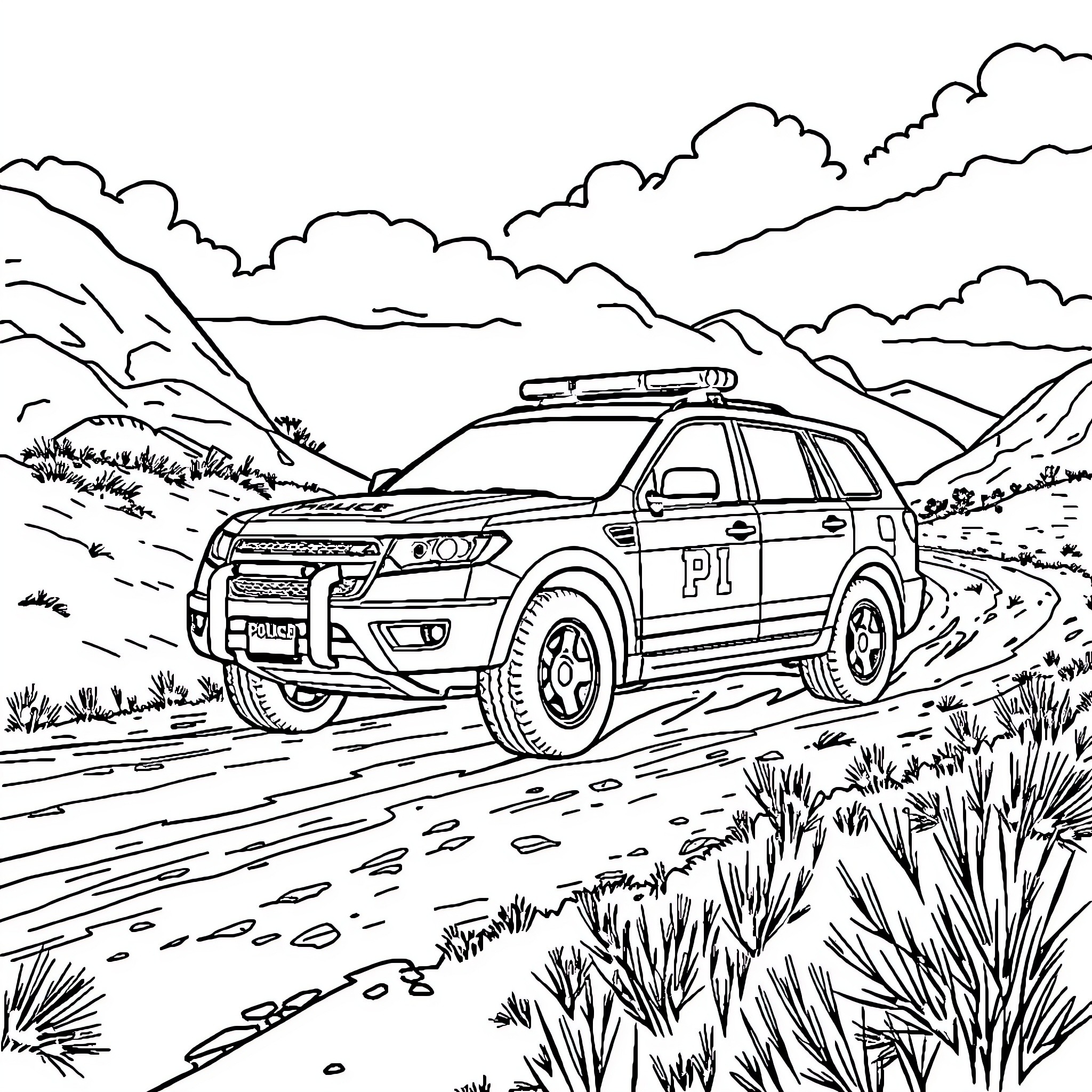 Patrol Car on Rural Road amid Mountainous Terrain Coloring Page (free black-and-white line drawing printable PDF for all, from beginners to advanced learners, including children, teens, adults, and seniors)