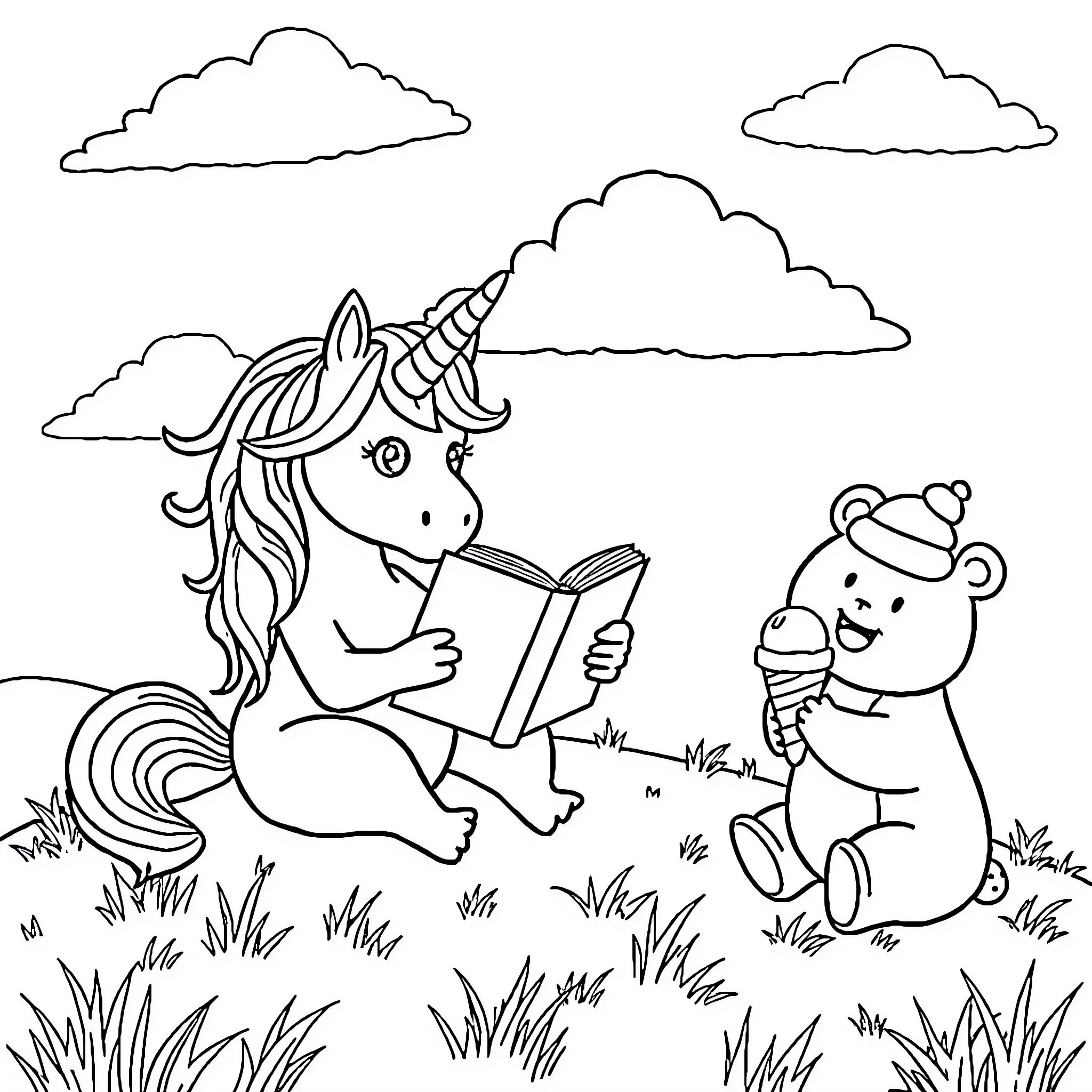 Unicorn reading book with teddy bear nearby Coloring Page (free black-and-white line drawing printable PDF for all, from beginners to advanced learners, including children, teens, adults, and seniors)