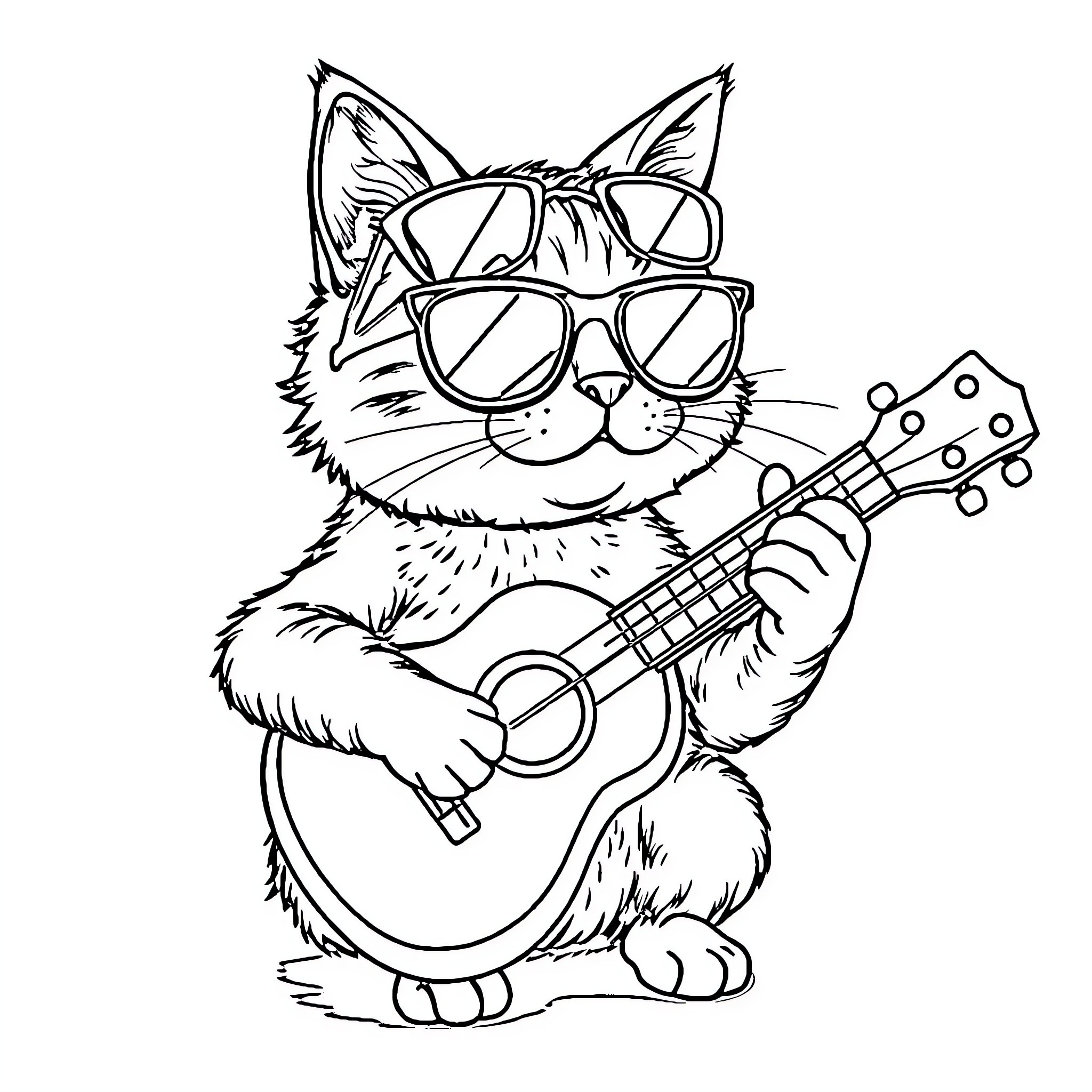 Cat playing guitar in sunglasses Coloring Page (free black-and-white line drawing printable PDF for all, from beginners to advanced learners, including children, teens, adults, and seniors)