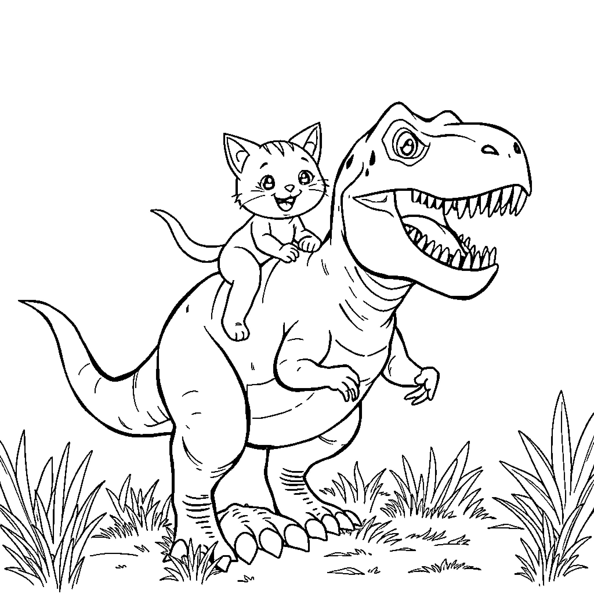 Kicia Kocia riding on a friendly dinosaur Coloring Page (free black-and-white line drawing printable PDF for all, from beginners to advanced learners, including children, teens, adults, and seniors)
