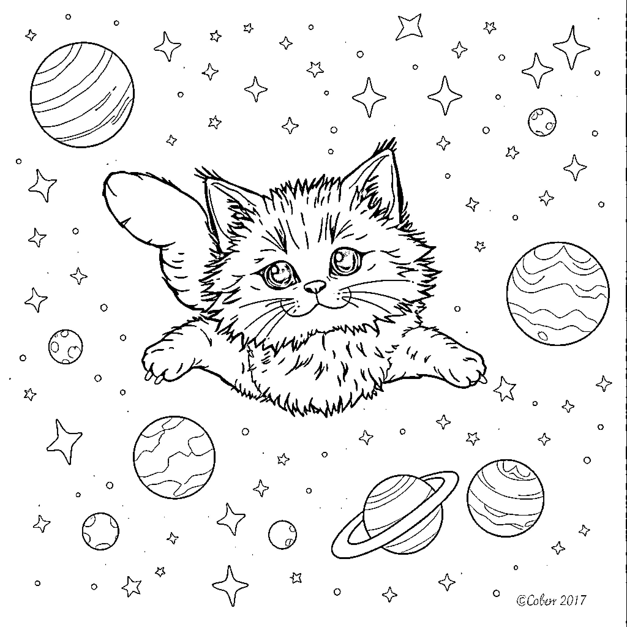 Cat exploring the cosmic starry night Coloring Page (free black-and-white line drawing printable PDF for all, from beginners to advanced learners, including children, teens, adults, and seniors)