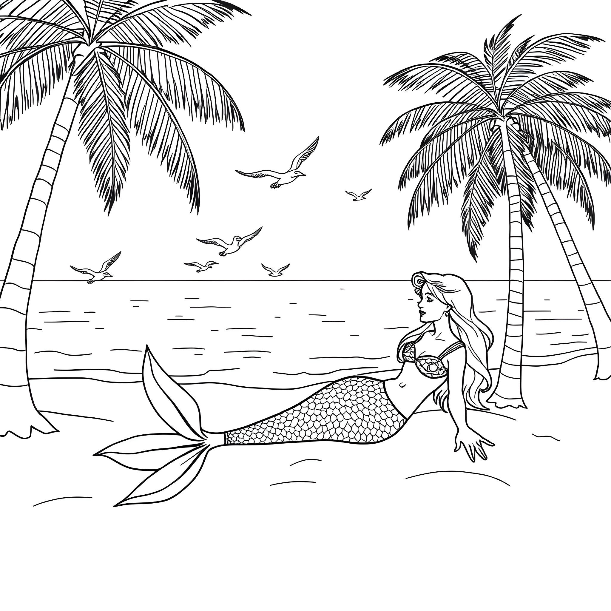 Mermaid relaxing on the beach under palm trees Coloring Page (free black-and-white line drawing printable PDF for all, from beginners to advanced learners, including children, teens, adults, and seniors)