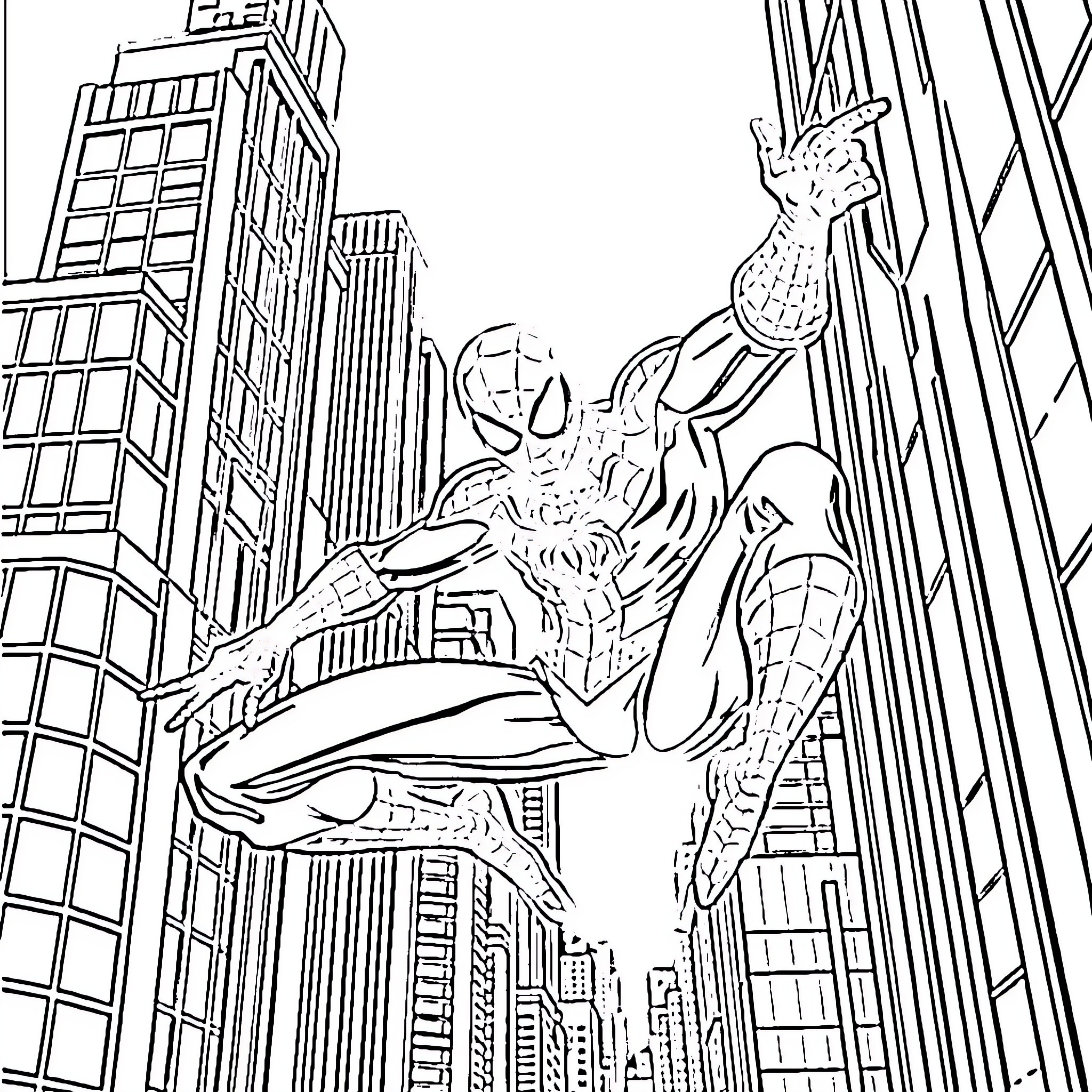 Spiderman swinging through the city streets Coloring Page (free black-and-white line drawing printable PDF for all, from beginners to advanced learners, including children, teens, adults, and seniors)