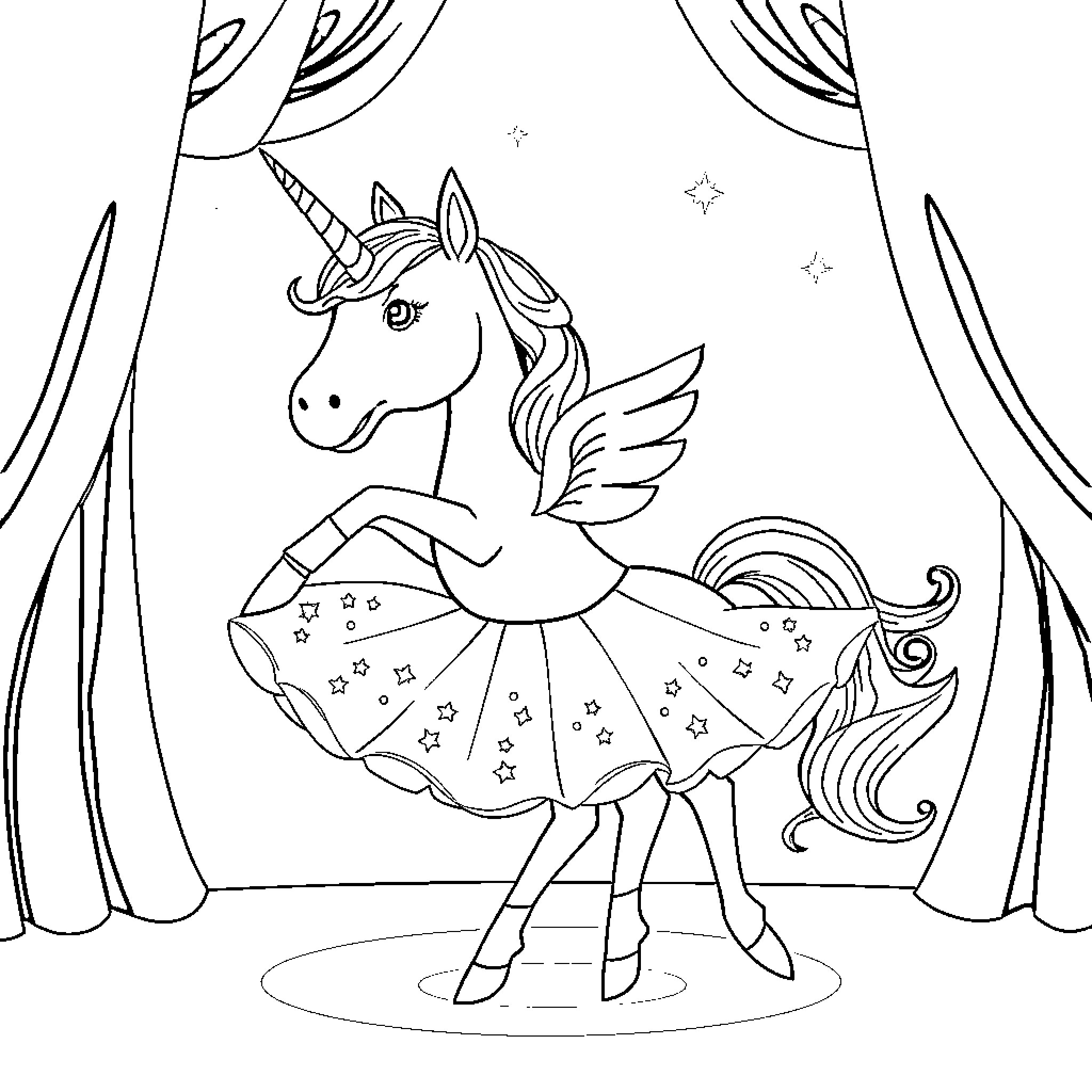 Unicorn performing on stage in a magical setting Coloring Page (free black-and-white line drawing printable PDF for all, from beginners to advanced learners, including children, teens, adults, and seniors)