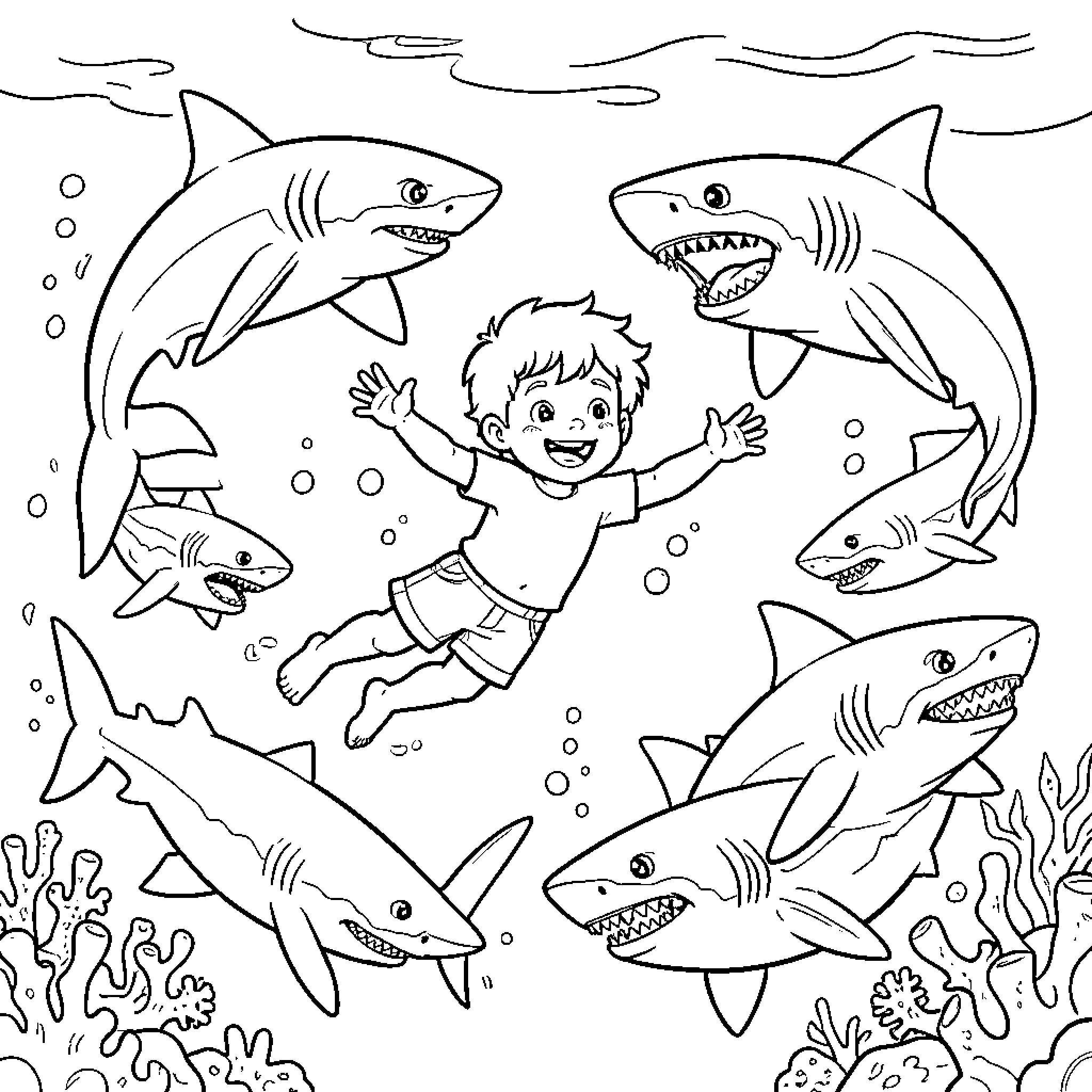 Shark underwater adventure with a boy swimming Coloring Page (free black-and-white line drawing printable PDF for all, from beginners to advanced learners, including children, teens, adults, and seniors)