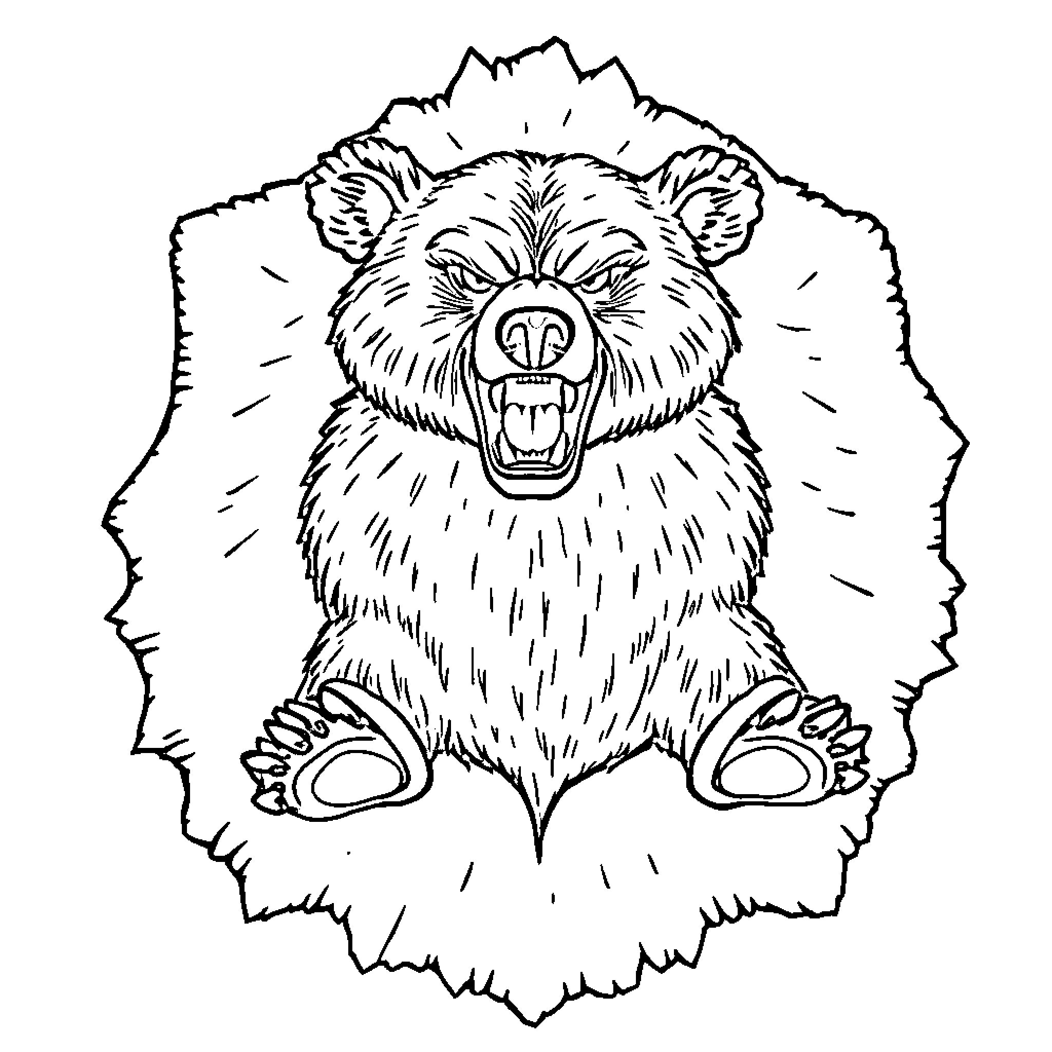 Bear with fierce expression and fur details Coloring Page (free black-and-white line drawing printable PDF for all, from beginners to advanced learners, including children, teens, adults, and seniors)