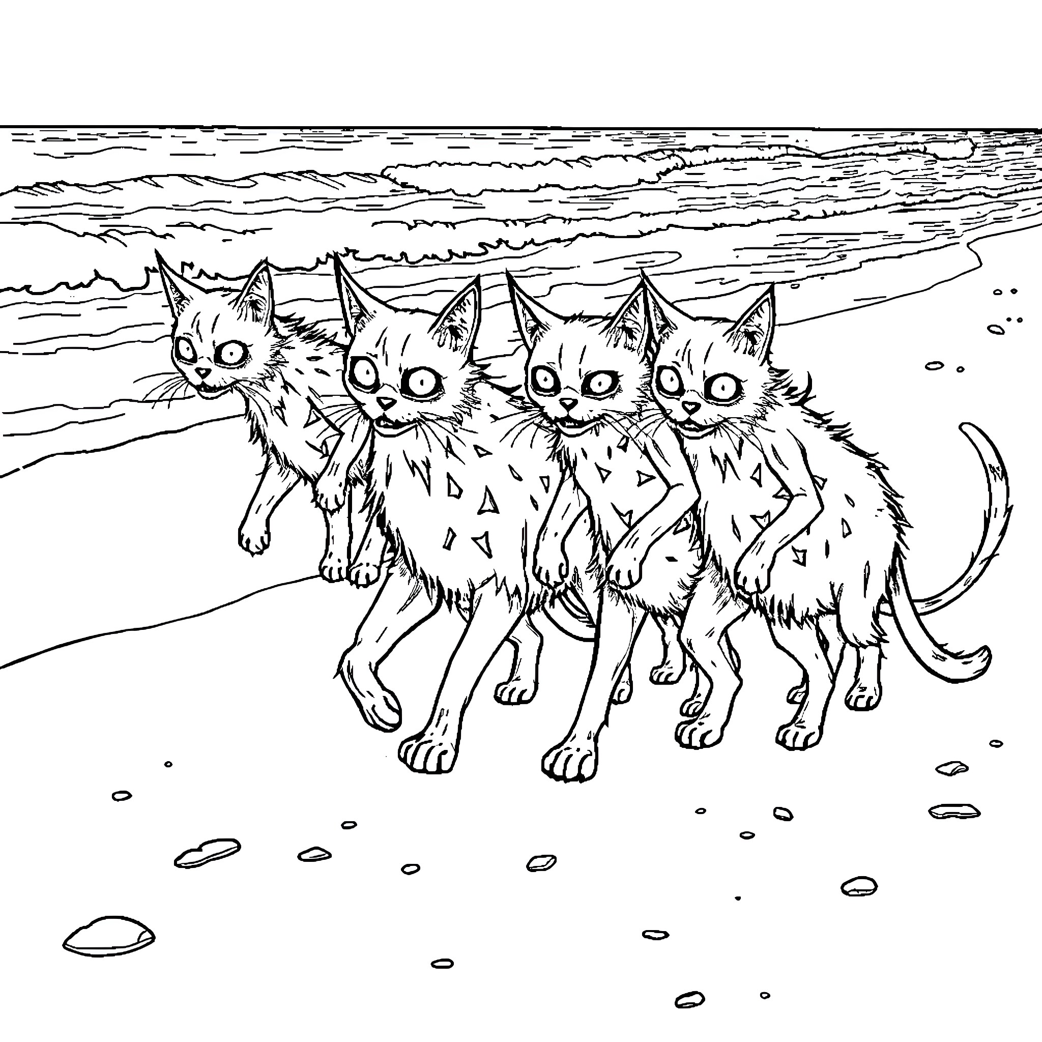 Zombie Cats Roaming the Beach Coloring Page (free black-and-white line drawing printable PDF for all, from beginners to advanced learners, including children, teens, adults, and seniors)