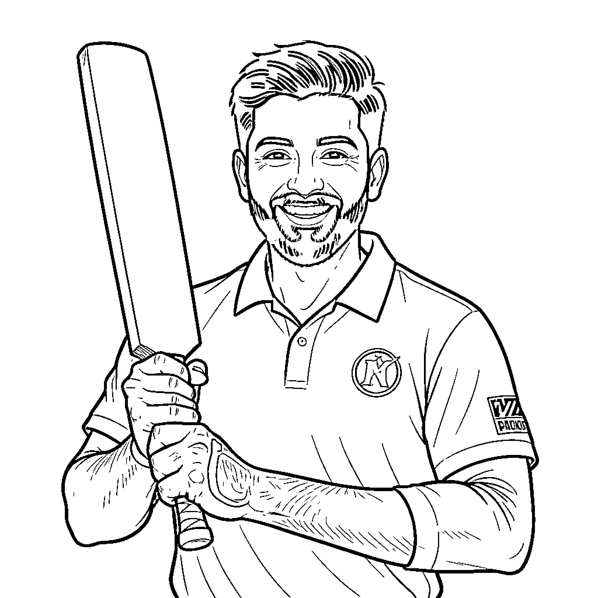 Virat Kohli smiling while holding a cricket bat Coloring Page (free black-and-white line drawing printable PDF for all, from beginners to advanced learners, including children, teens, adults, and seniors)