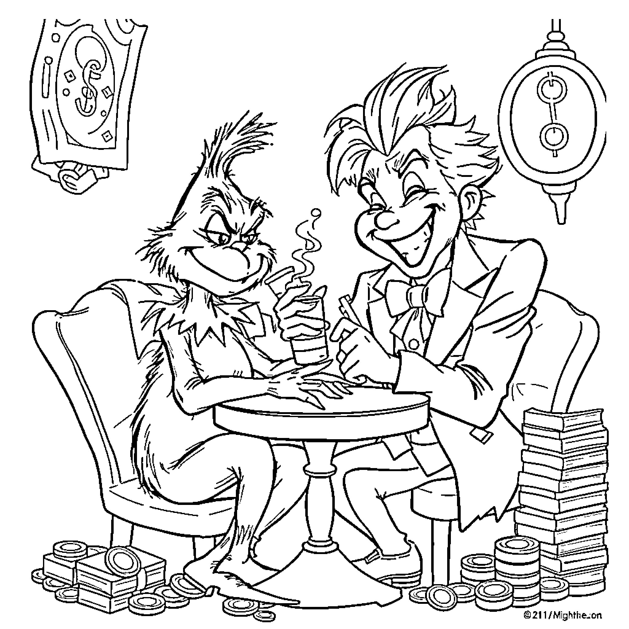Grinch scheming and plotting mischief Coloring Page (free black-and-white line drawing printable PDF for all, from beginners to advanced learners, including children, teens, adults, and seniors)