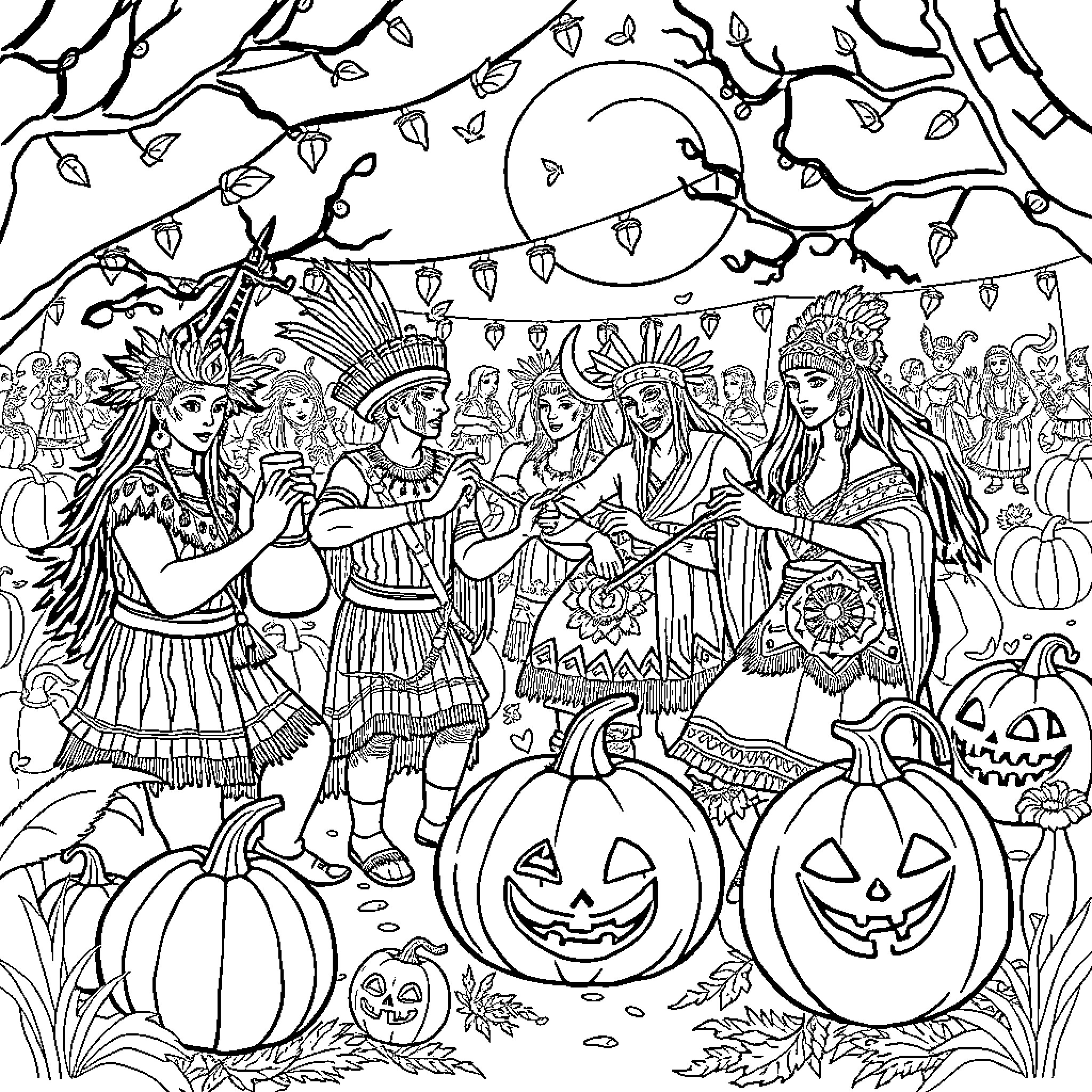 Māori Halloween celebration with traditional costumes and customs Coloring Page (free black-and-white line drawing printable PDF for all, from beginners to advanced learners, including children, teens, adults, and seniors)