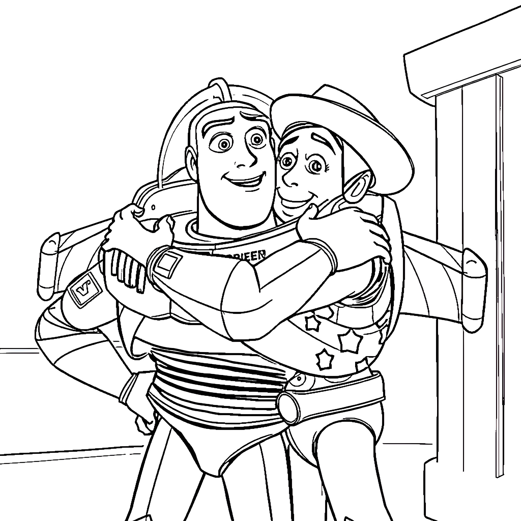 Buzz Lightyear embracing a friendly companion Coloring Page (free black-and-white line drawing printable PDF for all, from beginners to advanced learners, including children, teens, adults, and seniors)