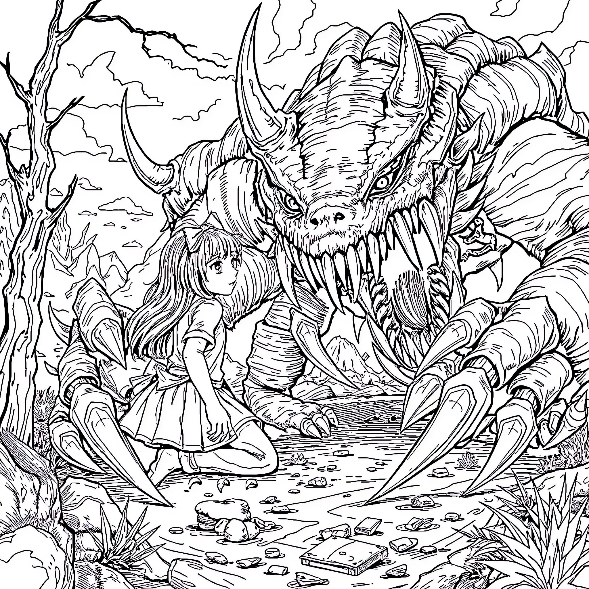 Deathclaw confronting a lost traveler in the wilderness Coloring Page (free black-and-white line drawing printable PDF for all, from beginners to advanced learners, including children, teens, adults, and seniors)