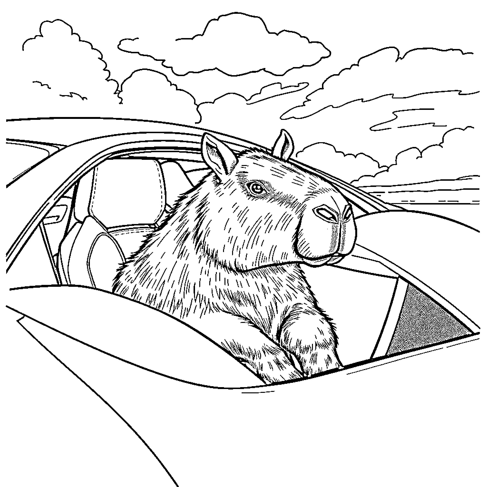 Capybara relaxing in a camping tent Coloring Page (free black-and-white line drawing printable PDF for all, from beginners to advanced learners, including children, teens, adults, and seniors)