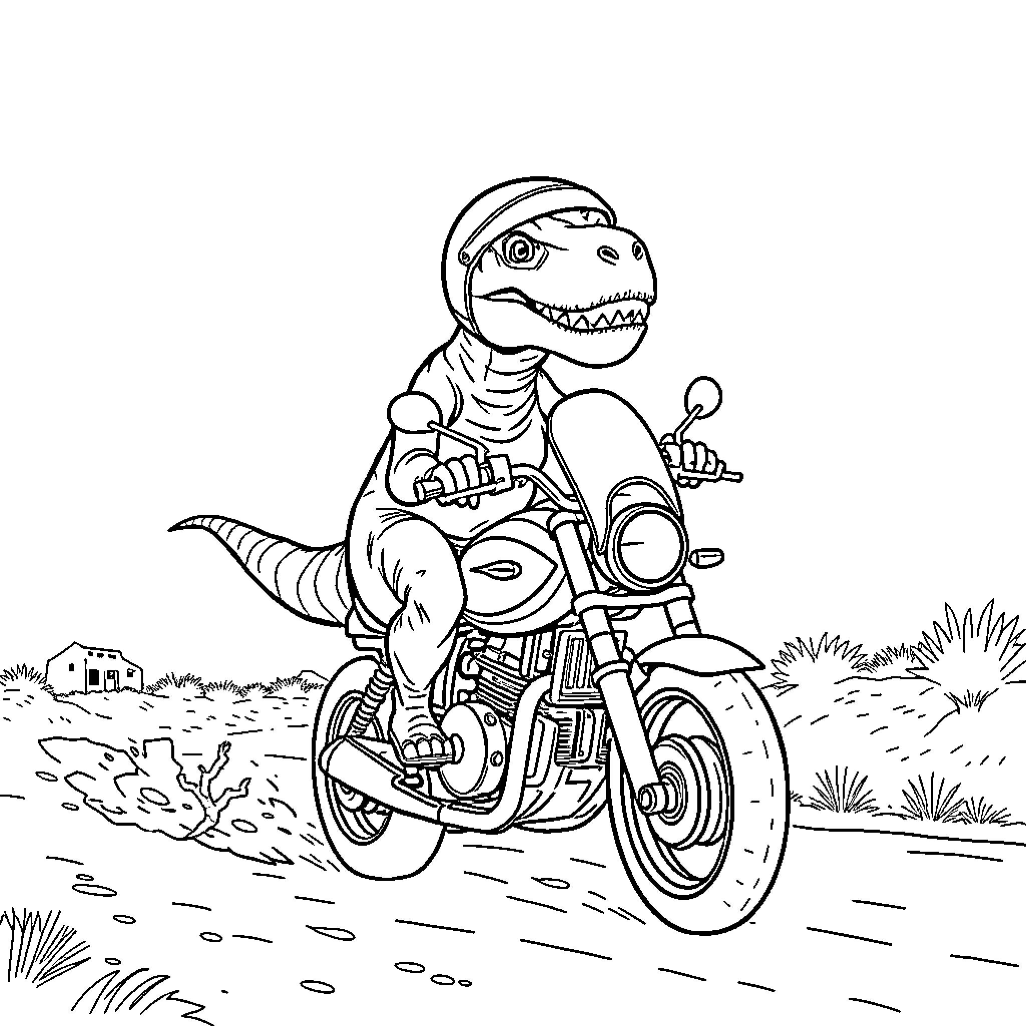Dinosaur riding motorcycle through countryside Coloring Page (free black-and-white line drawing printable PDF for all, from beginners to advanced learners, including children, teens, adults, and seniors)