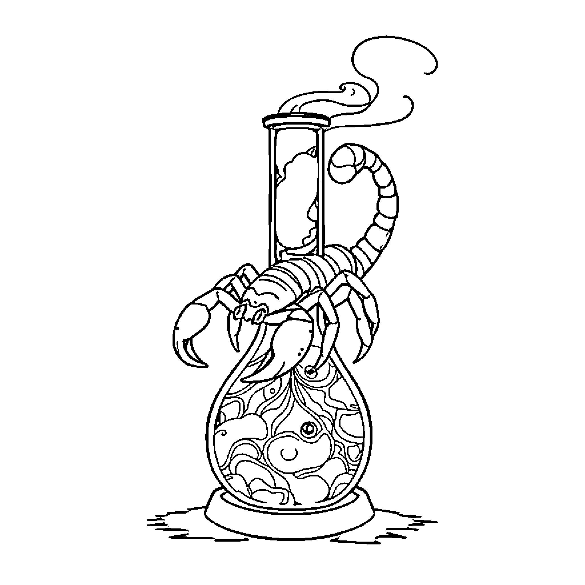Scorpion trapped in a glass jar Coloring Page (free black-and-white line drawing printable PDF for all, from beginners to advanced learners, including children, teens, adults, and seniors)