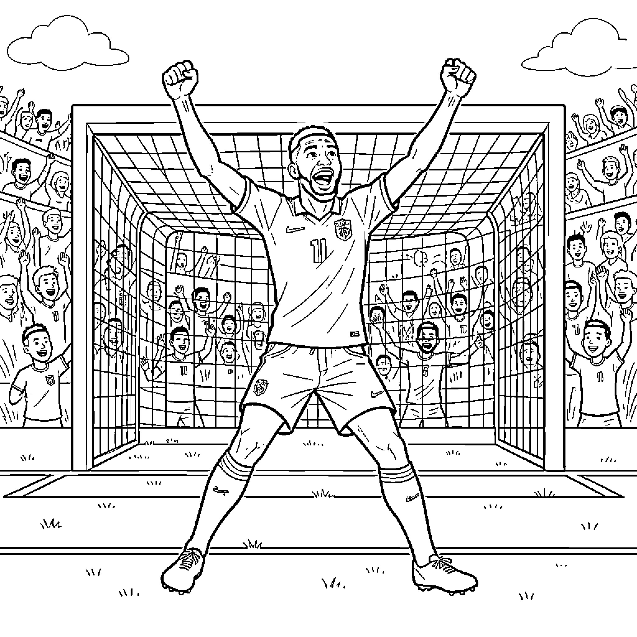 Mbappe celebrating a goal in front of the net Coloring Page (free black-and-white line drawing printable PDF for all, from beginners to advanced learners, including children, teens, adults, and seniors)