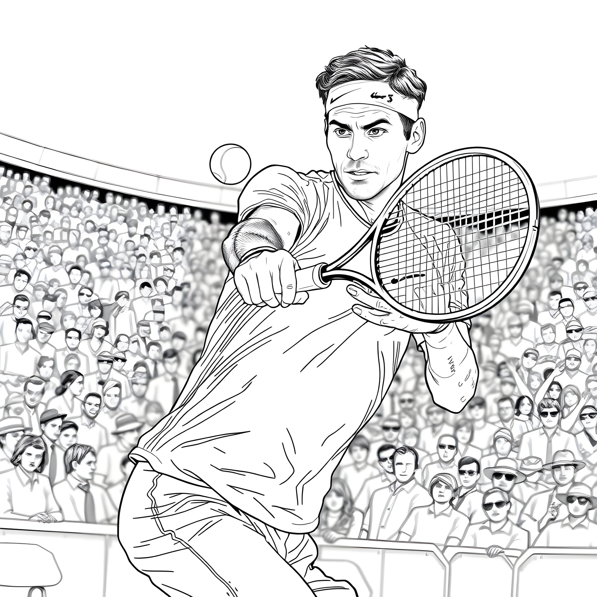 Federer Dominates the Tennis Court Coloring Page (free black-and-white line drawing printable PDF for all, from beginners to advanced learners, including children, teens, adults, and seniors)