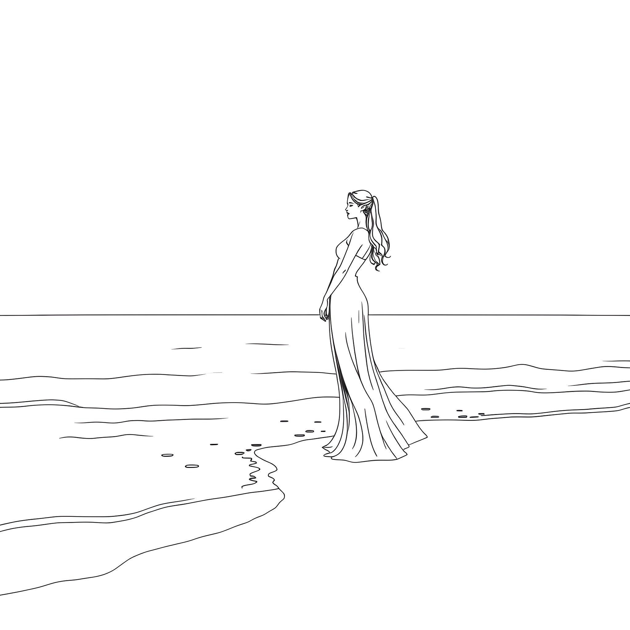 Woman standing by the ocean in a flowing dress Coloring Page (free black-and-white line drawing printable PDF for all, from beginners to advanced learners, including children, teens, adults, and seniors)
