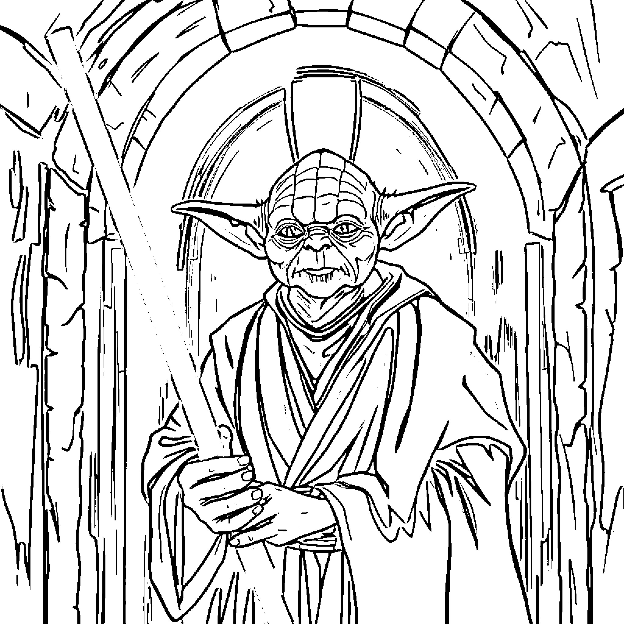 Yoda, the Jedi Master, stands in a mysterious archway Coloring Page (free black-and-white line drawing printable PDF for all, from beginners to advanced learners, including children, teens, adults, and seniors)